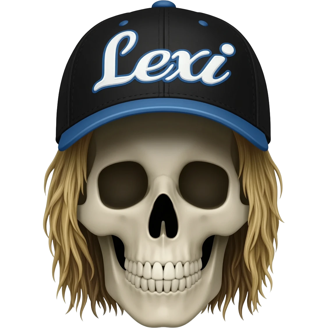Create a skeleton head wearing a black baseball cap that says " Lexi " in blue, and white lettering, with long dirty blonde hair emoji