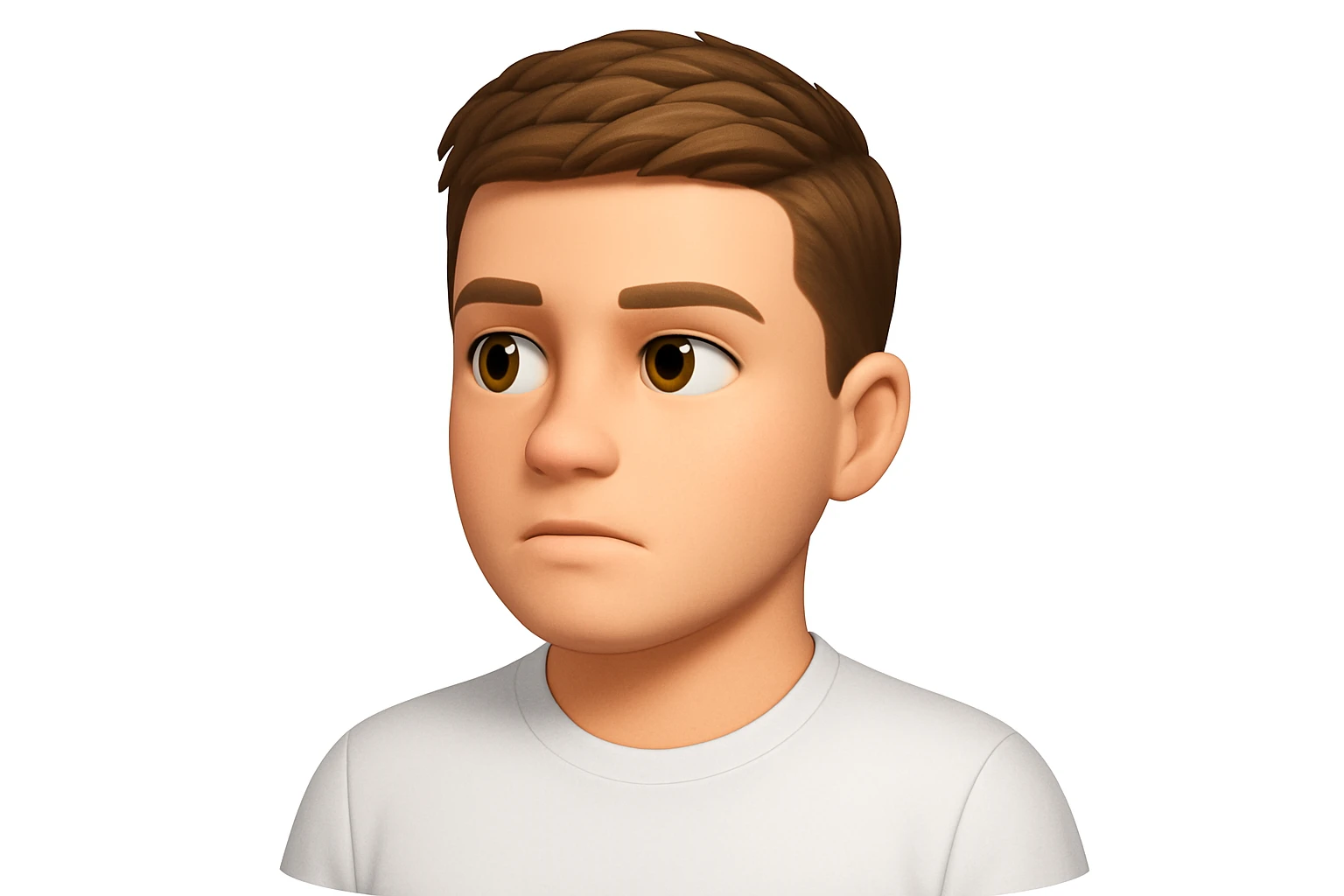 Based on these photos, make an emoji with facial features preserved, a man in a white T-shirt, looking into the distance emoji