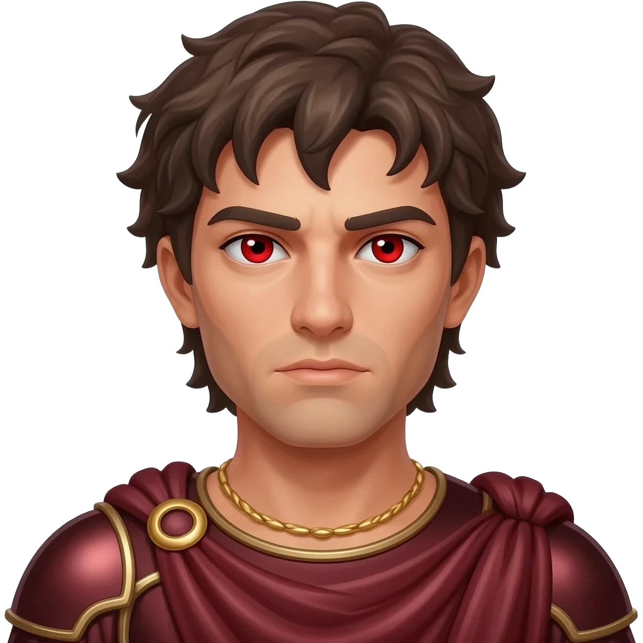 Ares from Greek Mythology with red eyes, dark brown hair, dark red metallic toga, gold necklace emoji