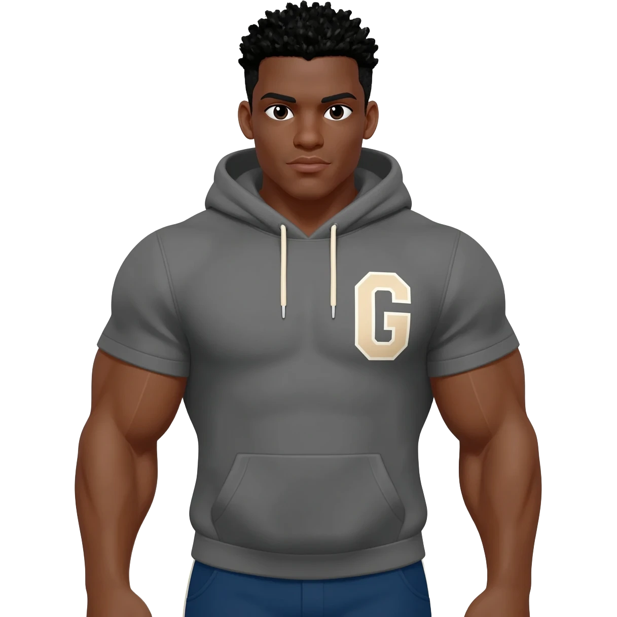 Black male look superstrong Grey hoodie and beige short letters G black g armsbi hair full body emoji