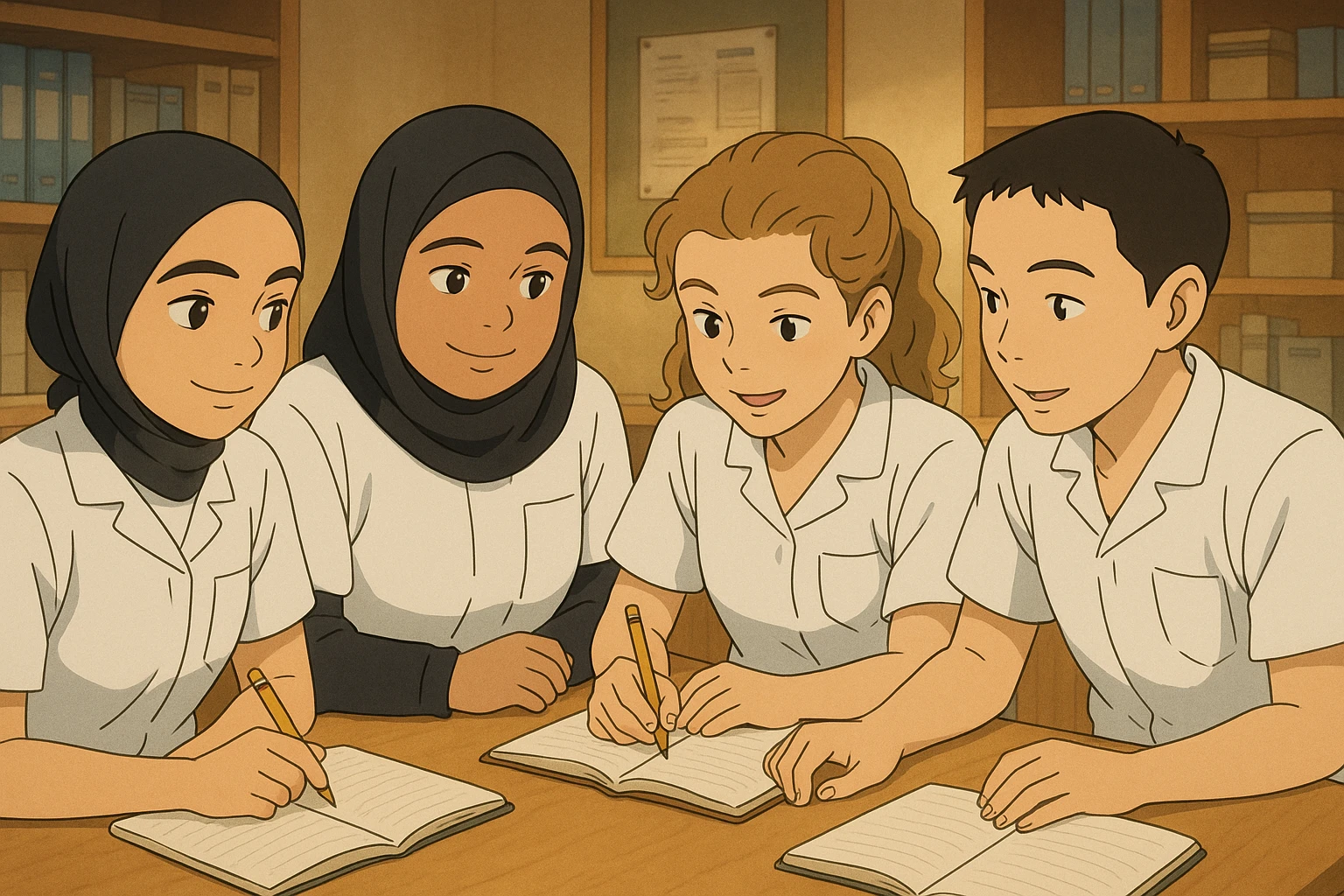 Quatre étudiants infirmiers en style Ghibli, travaillant en collaboration et en interaction à l'intérieur. Tous portent des uniformes blancs à manches courtes, sans pied de col ni stéthoscopes, avant-bras nus, cheveux longs attachés. Hauts de type tunique médicale, col en V, poche poitrine côté gauche. Inspirés des quatre personnes sur les photos jointes. Scène chaleureuse et professionnelle. emoji