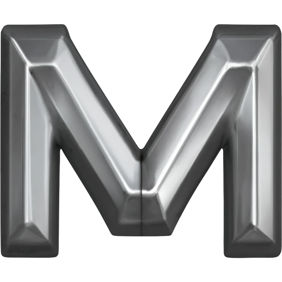Minimalist 3D emoji based on image_e44ce5.png: massive polished chrome geometric 'M' raised metal relief, integrated central on deeply impressed bare heel in rough grey concrete. Harsh shadows, high contrast emoji