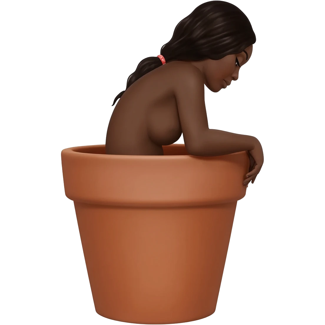 Make a naked black women With her back against the inner flower pot but showing us her side profile with her body half way coming out the flower pot with her back arched while her hands are in the side of the flower pot emoji