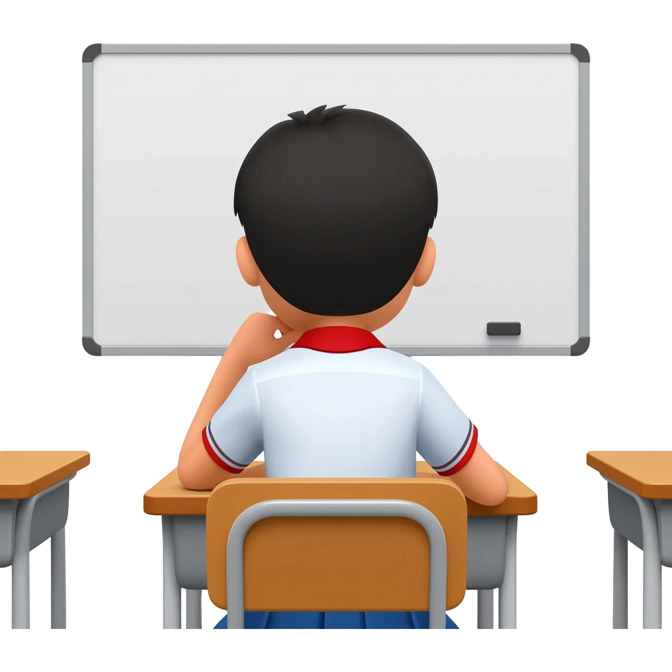 student sitting in classroom back view with one hand on chin apple style emoji emoji
