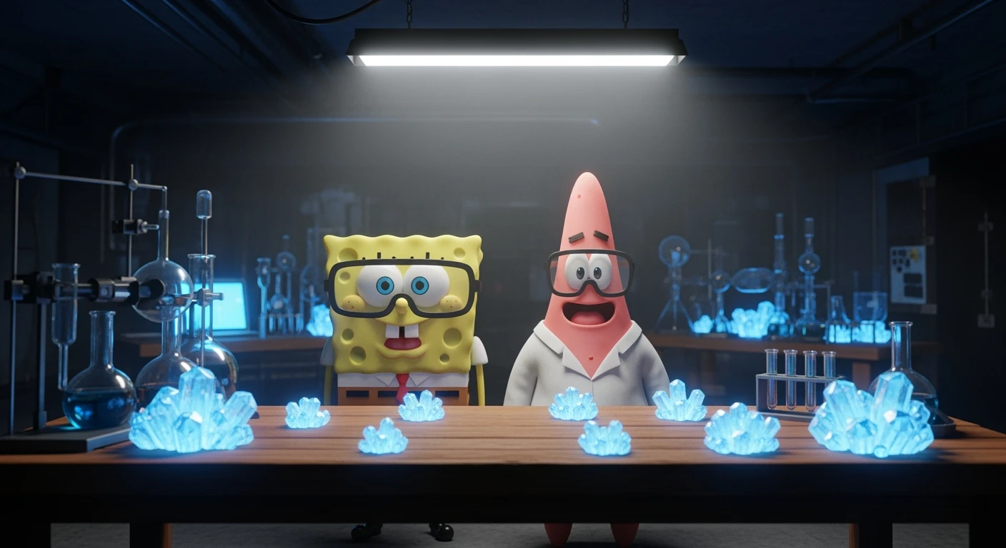 3D cienmatic cartoon shot, spongebob and patric dress in safety glasses and safe white outfit, the are standing front of table with blue crystals on table glowing (light source) science room in basement, back light, Cinema 4d render, proffesional lightning emoji