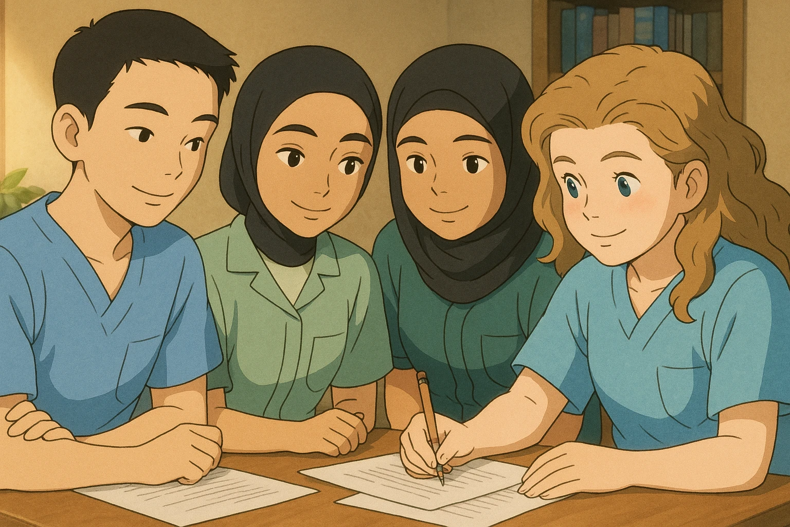 Illustration Ghibli of four nursing students working together, wearing short-sleeved outfits without stethoscopes, inspired by the four provided faces, warm and friendly atmosphere, version 1 emoji