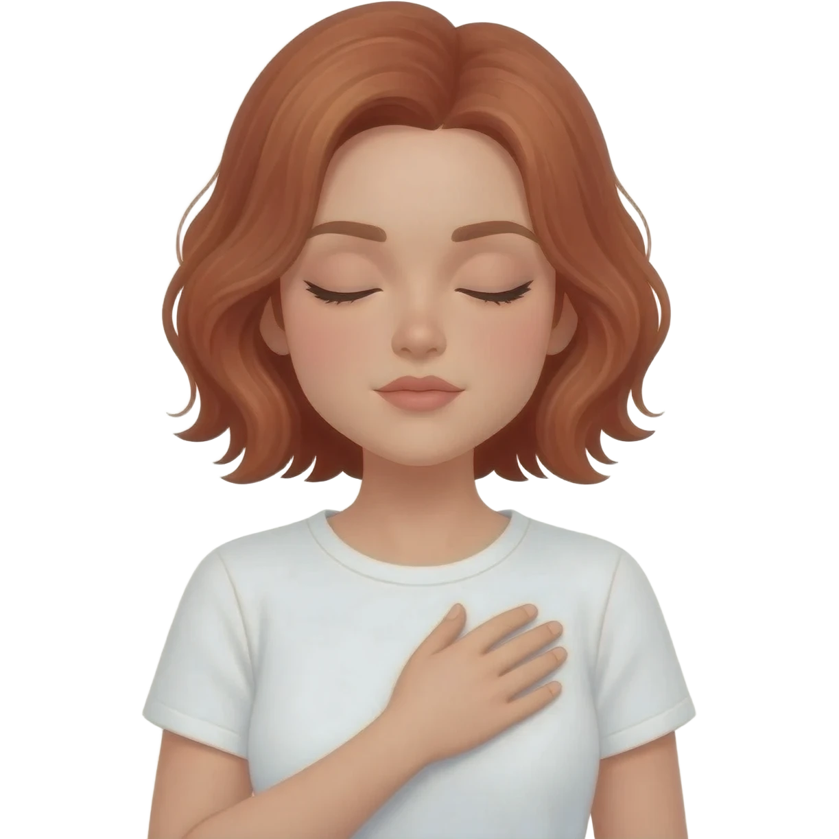 mujer con pelo ondulado corto color rojizo, polera blanca se toca el pecho con los ojos cerrados emoji