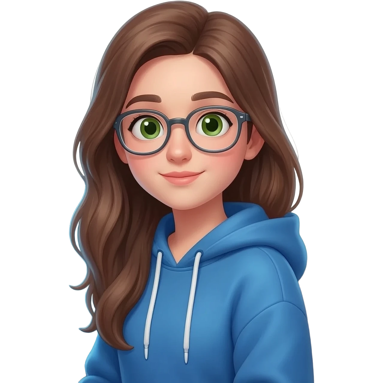 15 year old girl,long  brown hair, clear glasses, and green ish brown ish eyes, and her in the computer emoji