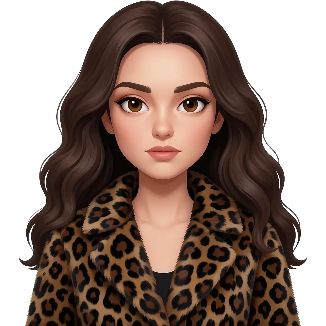 A stylish young woman with long, wavy dark brown hair and defined, expressive eyebrows. She has deep brown eyes with a calm, aesthetic gaze. She is wearing a chic, oversized dark leopard-print faux fur coat.modern, high-fashion, and slightly mysterious vibe.8k resolution, cinematic lighting. emoji