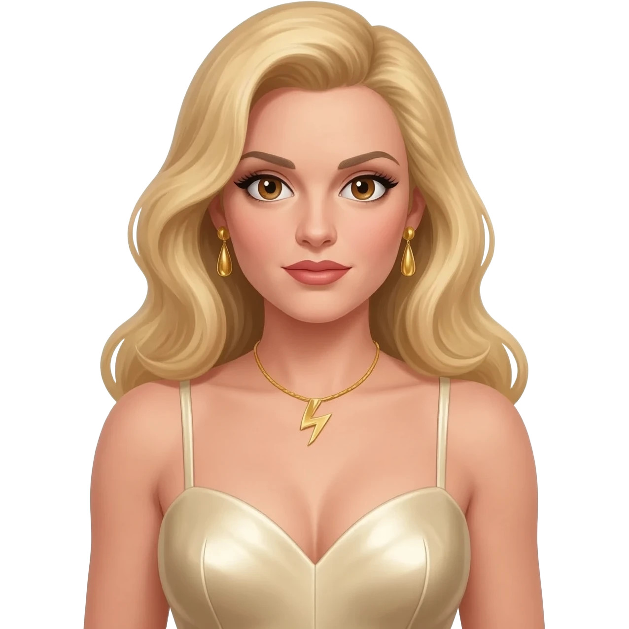 Honey Ryder from James Bond with hazel eyes, long blonde hair, ivory metallic sweetheart dress, gold necklace, earrings emoji