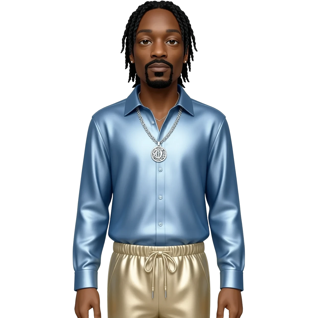 Snoop Dogg with long black hair, light blue metallic shirt, beige metallic harem pants, silver necklace emoji