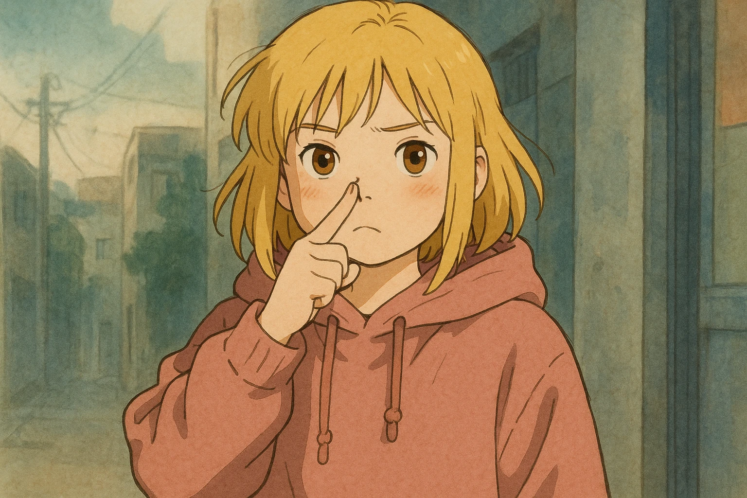A girl yellow hair brown eyes pink Urban Heavy Loose Fit Hood Sweat touch your nose  emoji