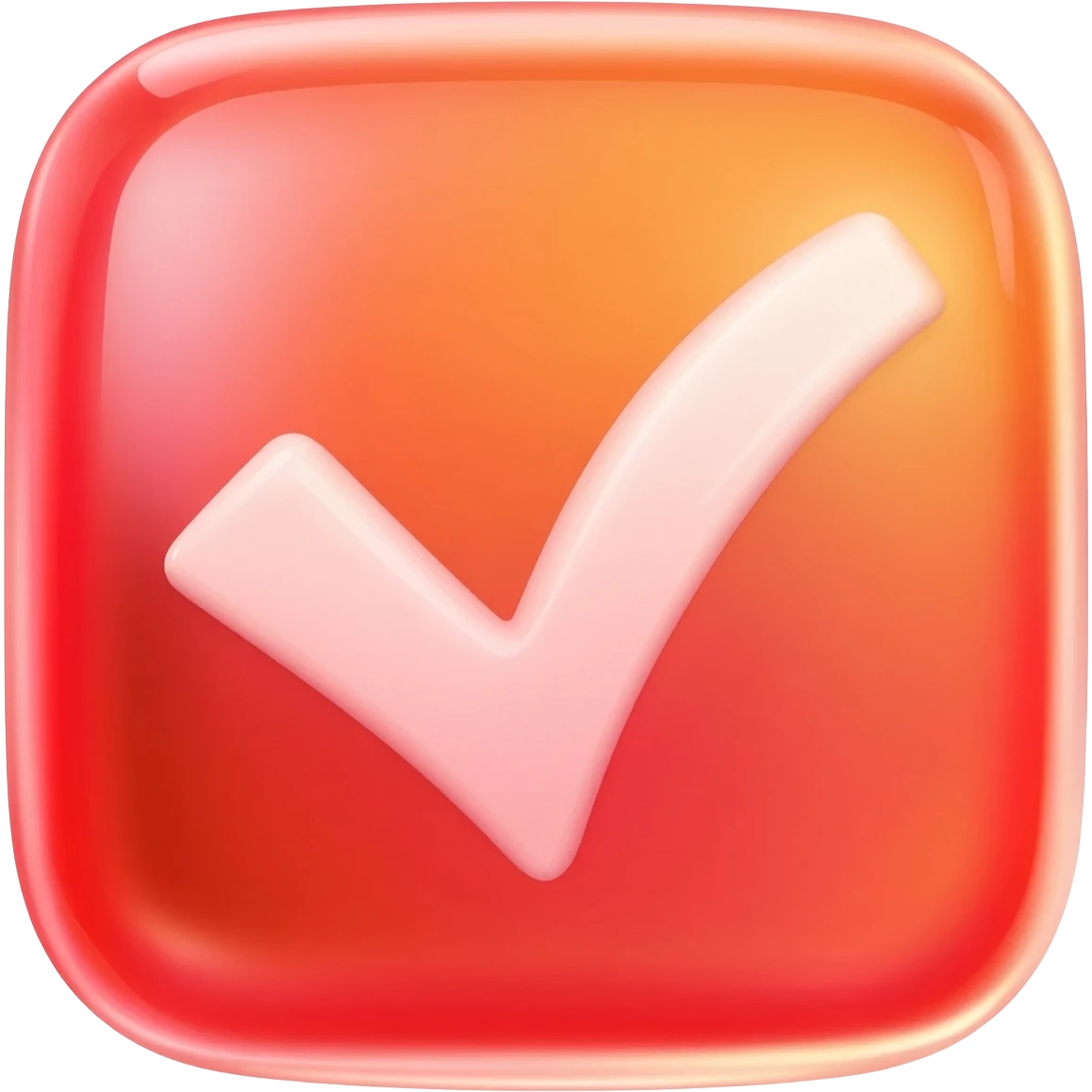 "Custom YouTube tick emoji, glossy 3D checkmark, vibrant red-to-orange gradient, shiny reflection, rounded shape, transparent background, 109x109px" emoji