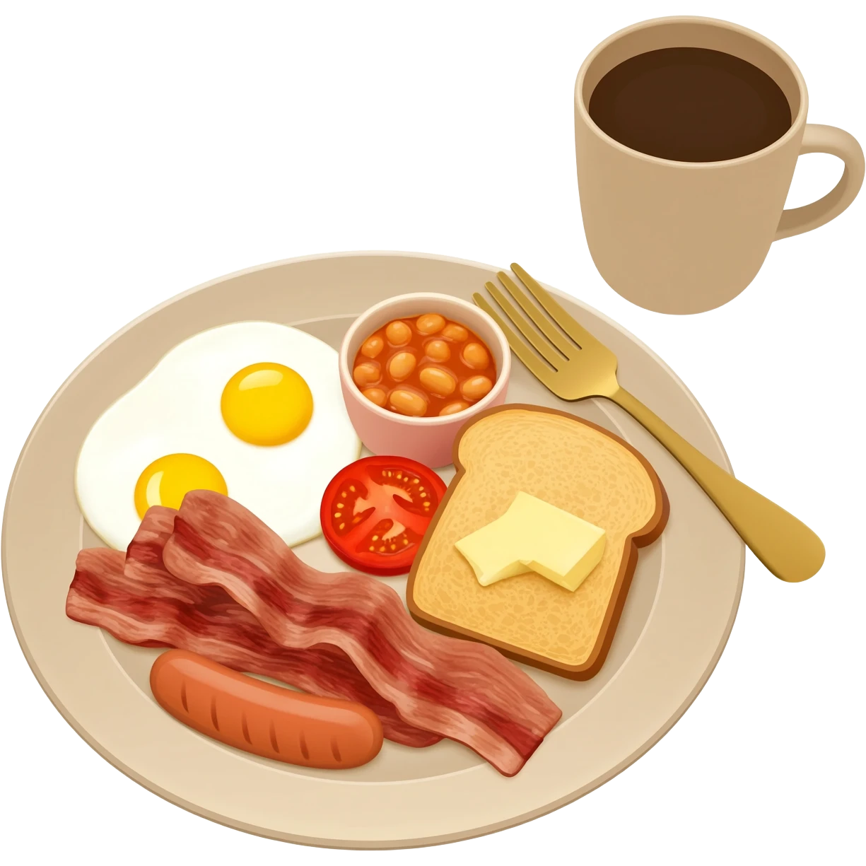 full English breakfast with two eggs, bacon, sausage, beans, toast, and tomato оn a beautiful light beige plate with a gold fork and beige cup of coffee side view emoji