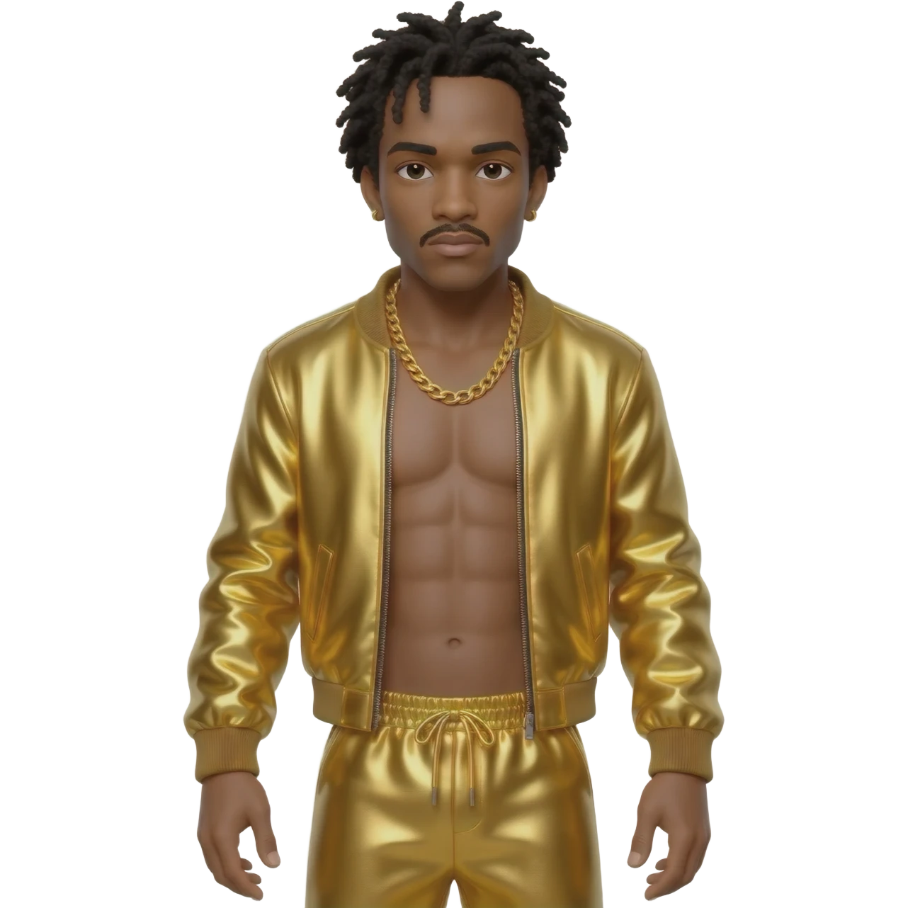 MC Hammer with black hair, gold metallic jacket, gold metallic harem pants, shirtless with necklace emoji