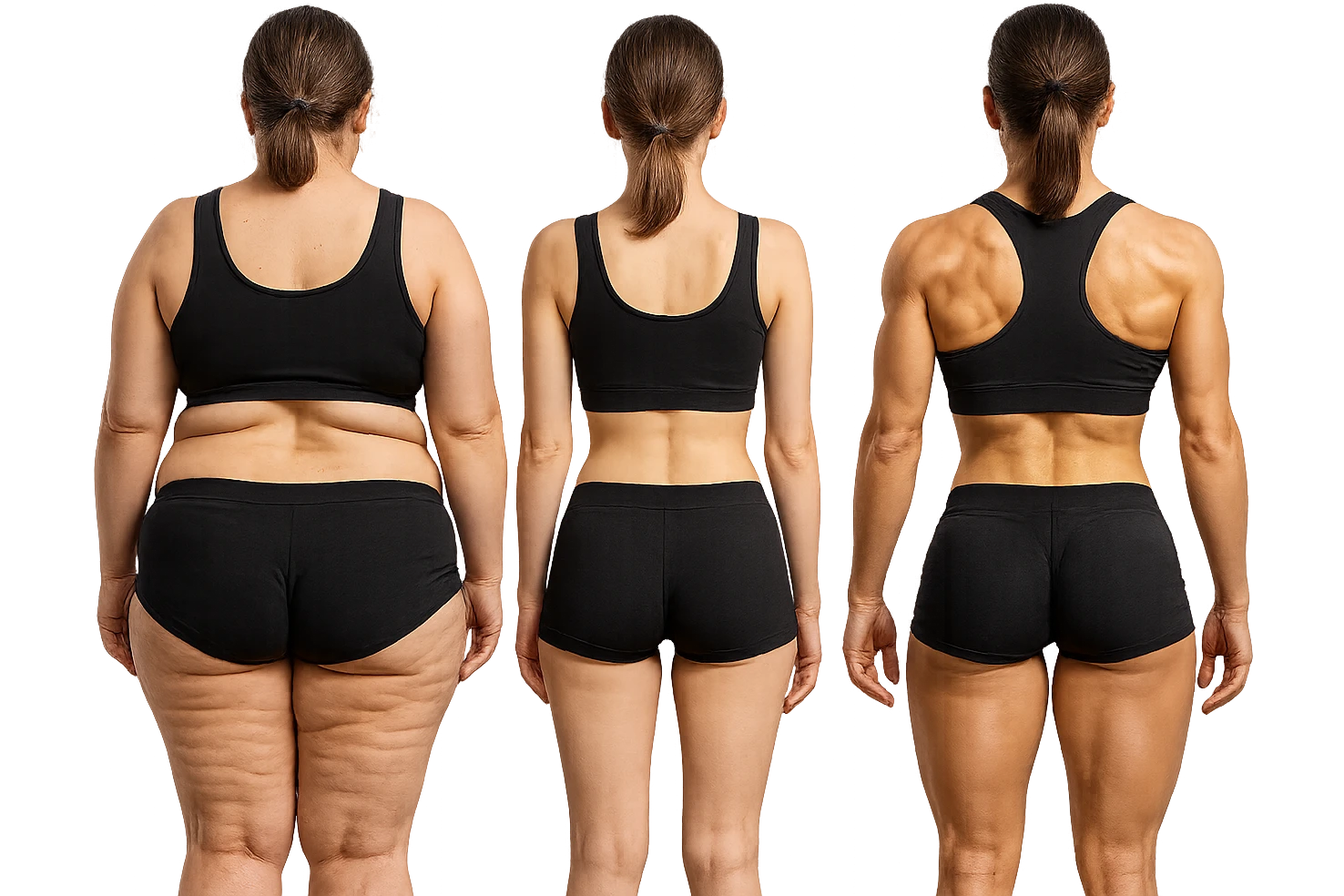fai una donna di spalle in gym shorts leggermente sovrappeso e con cellulite e accanto una seconda donna di spalle magra (che è dimagrita post dieta) e accanto una terza donna in forma allenata e con le giuste proporzioni, l'immagine deve rappresentare il processo: da donna grassa, a donna piatta e magra, a donna allenata e in forma con i giusti muscoli, iperrealistico 4k emoji