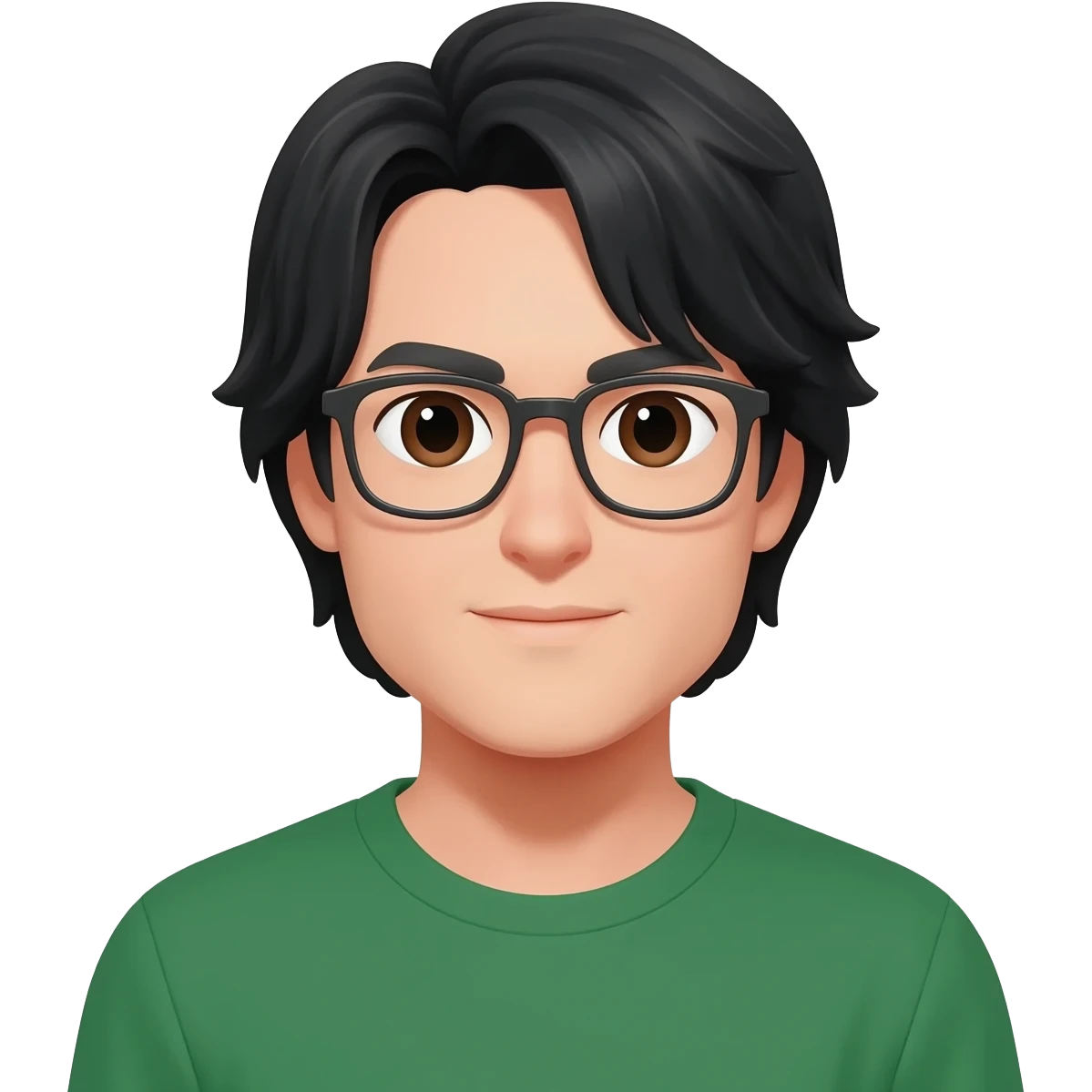 man glasses black hair brown eyes medium length hair green t shirt emoji