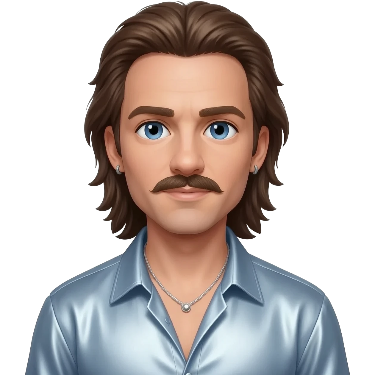 Benson Boone, Pop Singer (b.2002) with blue eyes, long brown hair and short mustache, light steel blue metallic open shirt, silver necklace and short earrings emoji
