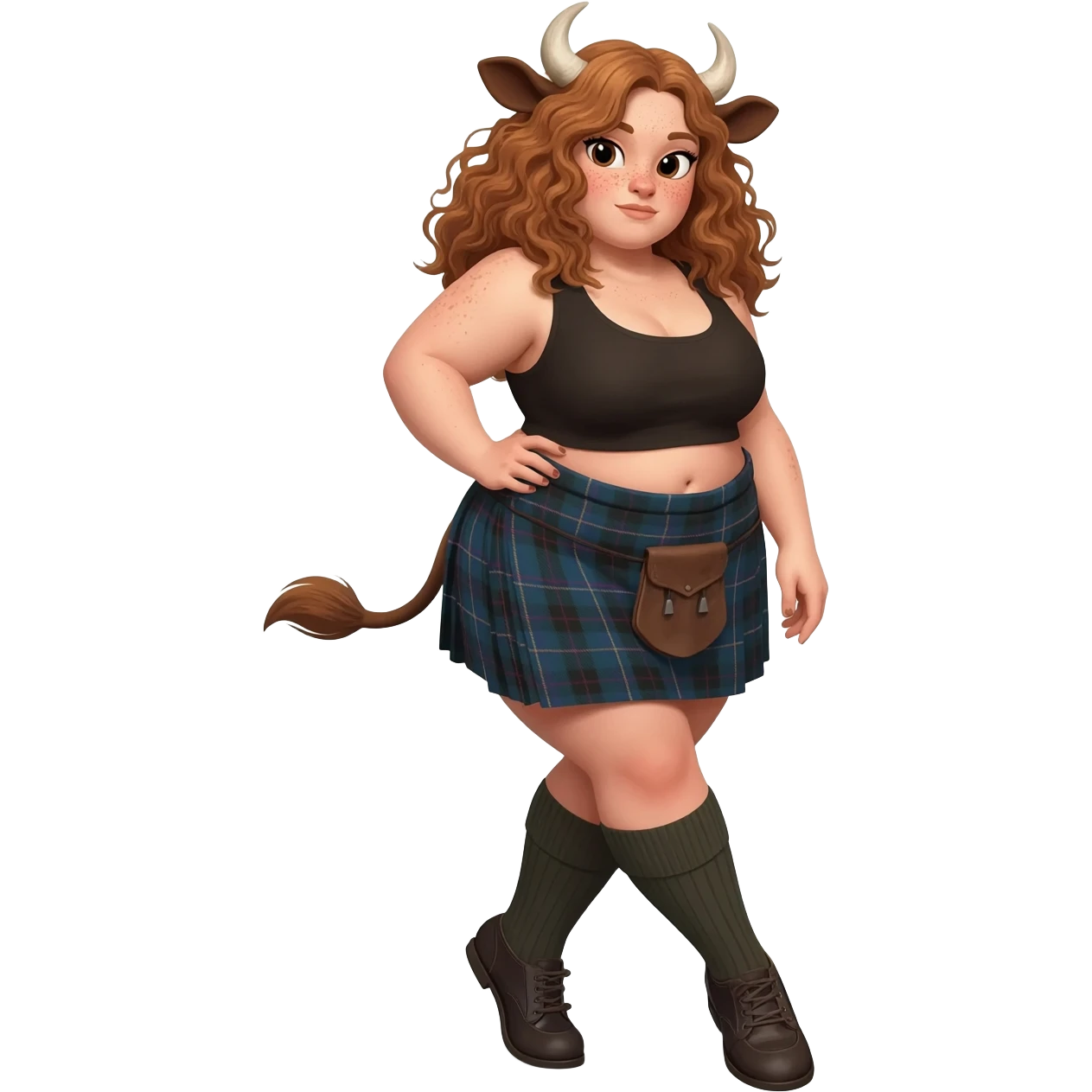 shy buff curly woman with frecles with light brown messy hair tughing at her long brown cow tail with both hands with strong fat thights with cow horns and cow brown ears with big butt in a short scottish kilt and with knee socks and shoes stands with crossed legs emoji