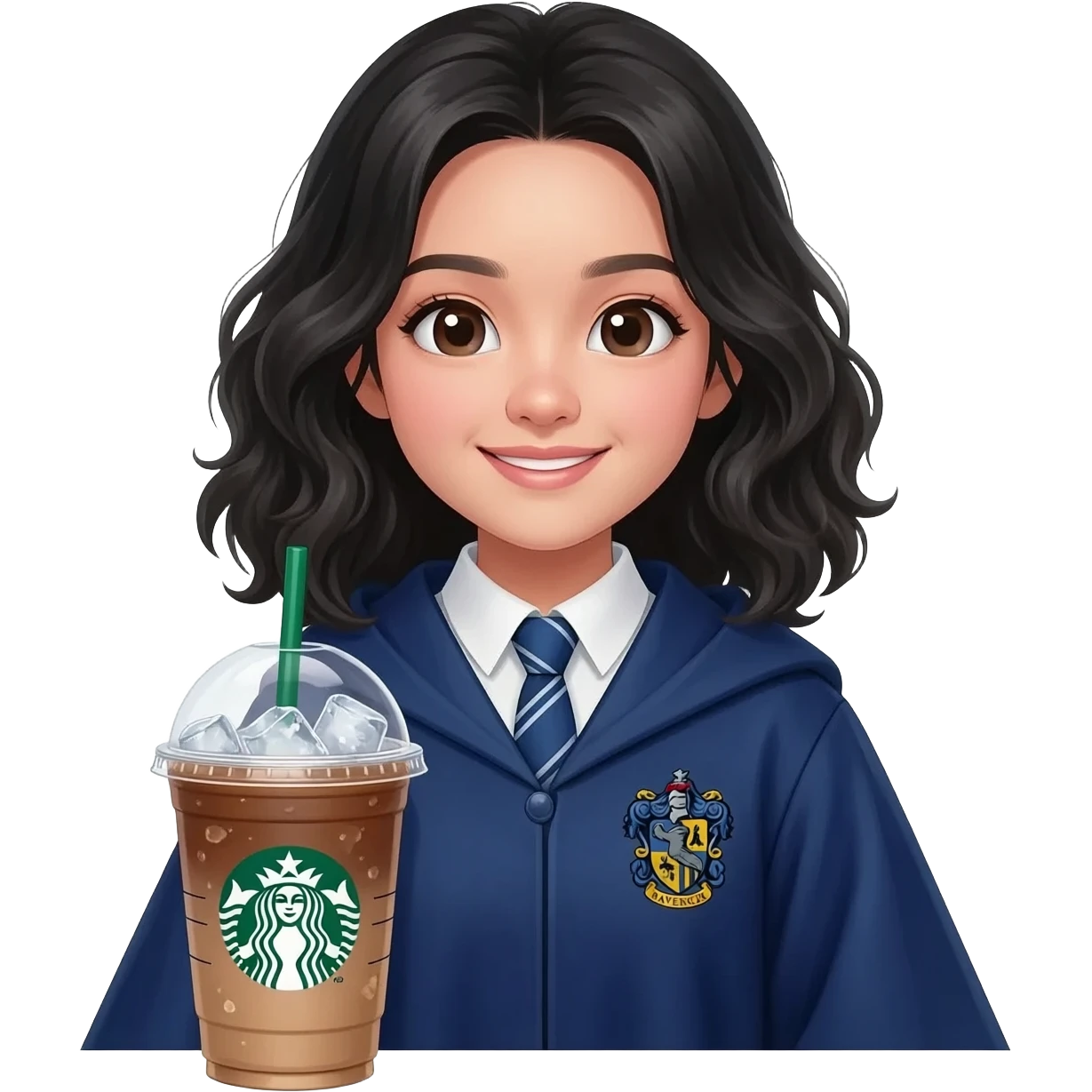 a Starbucks Americano with ice, an Asian girl with wavy hair in Ravenclaw robe is sitting on the cup emoji