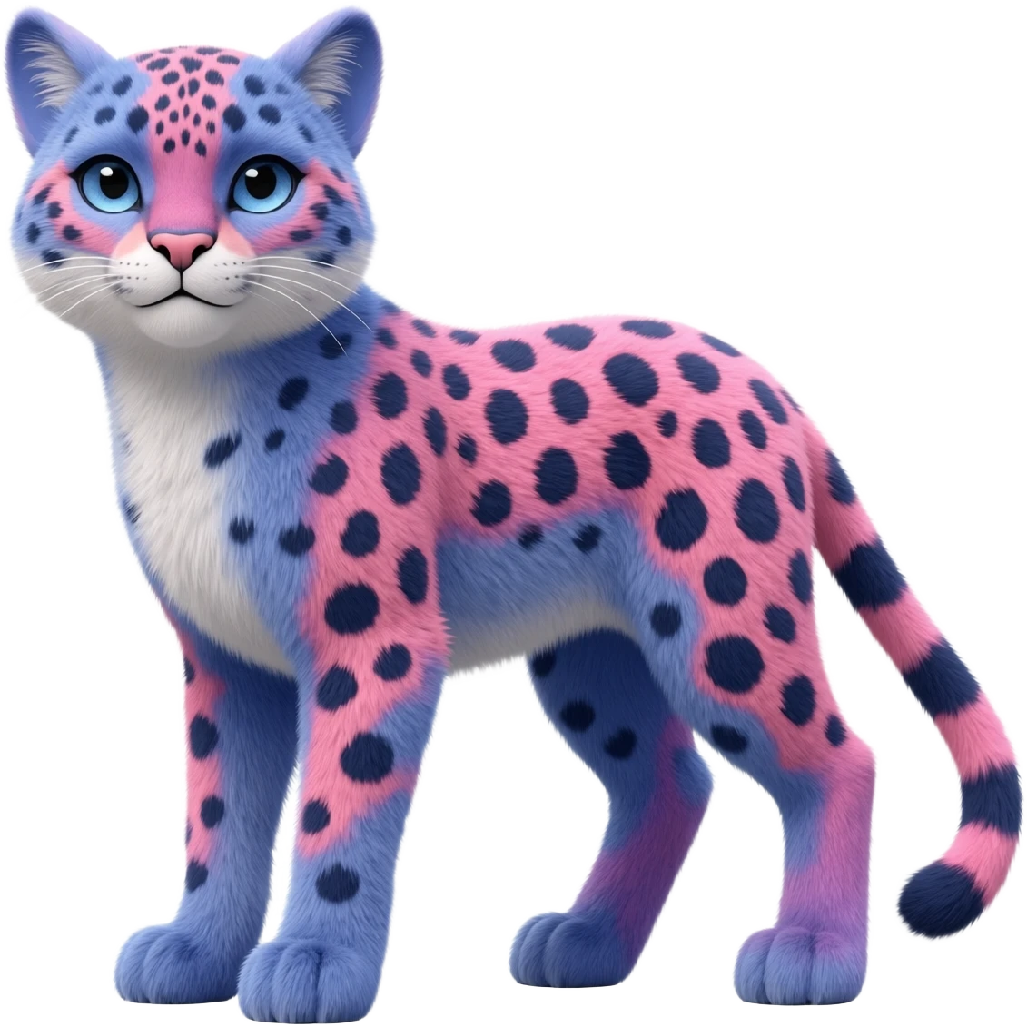 Hyper-realistic photo-realistic furry flurry fuzzy detailed Colorful bluish cute adorable tropical exotic fruity blueberry-themed rosy Caracal-Cheetah-Serval-Snow-Leopard-Trico-Sergal-Vernid-fusion-hybrid-animal-creature, full body, with tribal markings emoji
