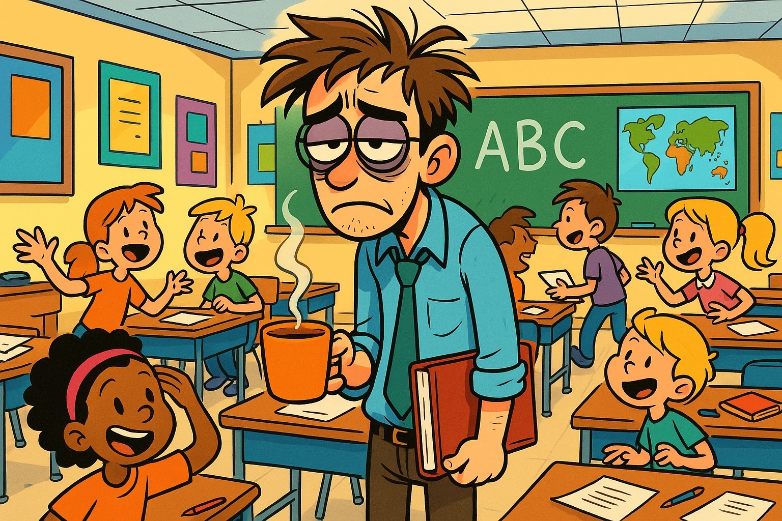 digital cartoon art of a exhausted teacher in a bustling classroom emoji