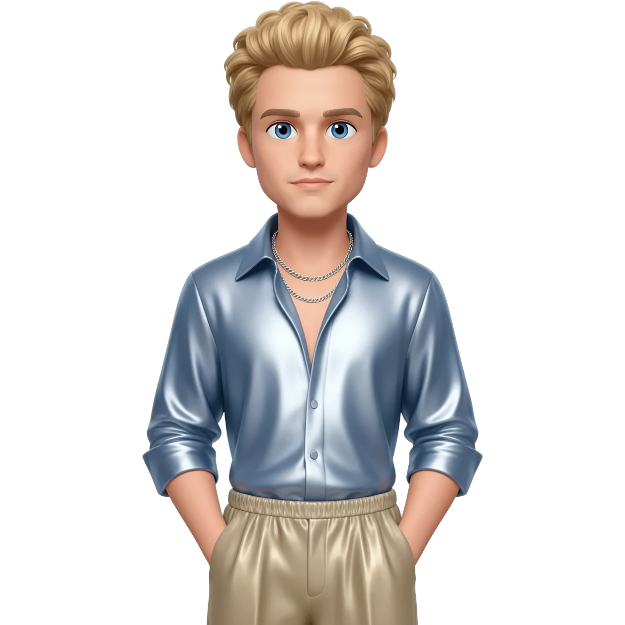 Brady Corbet with blue eyes, strawberry blonde hair, light steel blue metallic shirt, beige metallic baggy pants, silver necklace emoji