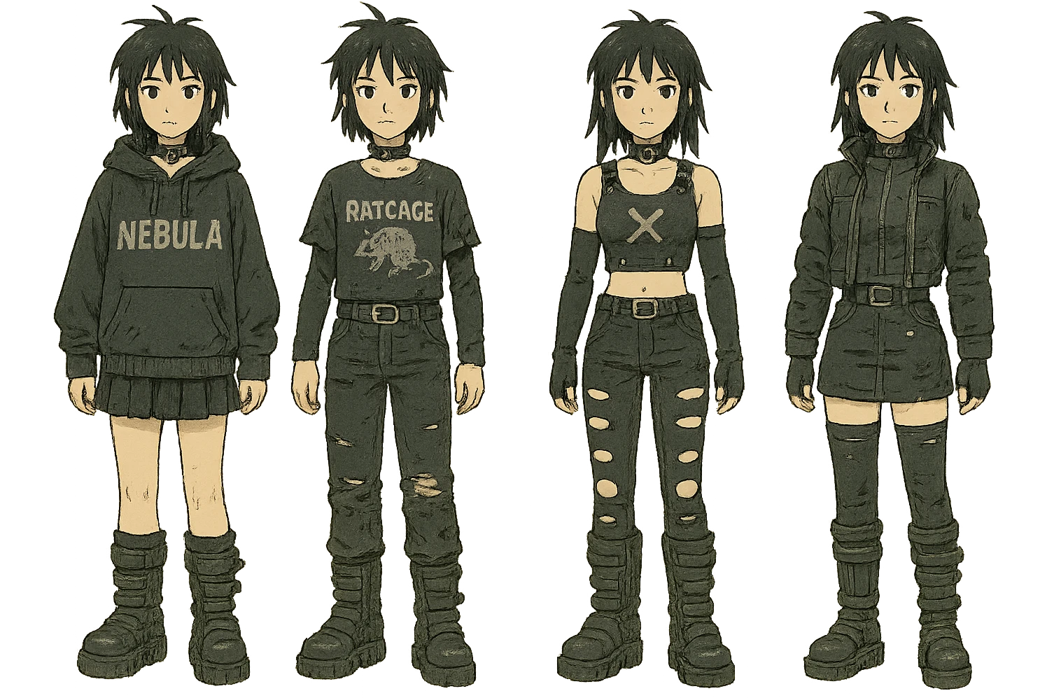 outfit designs for a VTUBER OC. The style is mixed 90's grunge, punk, lots of black and white in the color scheme, futuristic aesthetic. Clothing has small rips and tears from wear, logos and designs are faded. Garage, Shoegaze, postmodern style. character design concept art outfits for a female. [[FUTUREPUNK CYBERGOTH]] front on view, not 3/4 angle or any angle, perfect front emoji