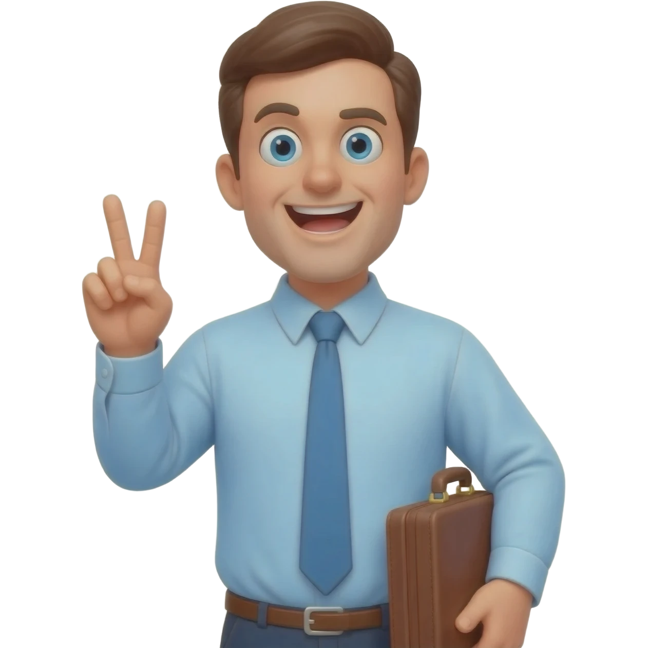 in apple style a man with a silly face wearing a light blue dress shirt with a simple tie. One hand is making a peace sign gesture while the other holds a brown briefcase 💼. emoji