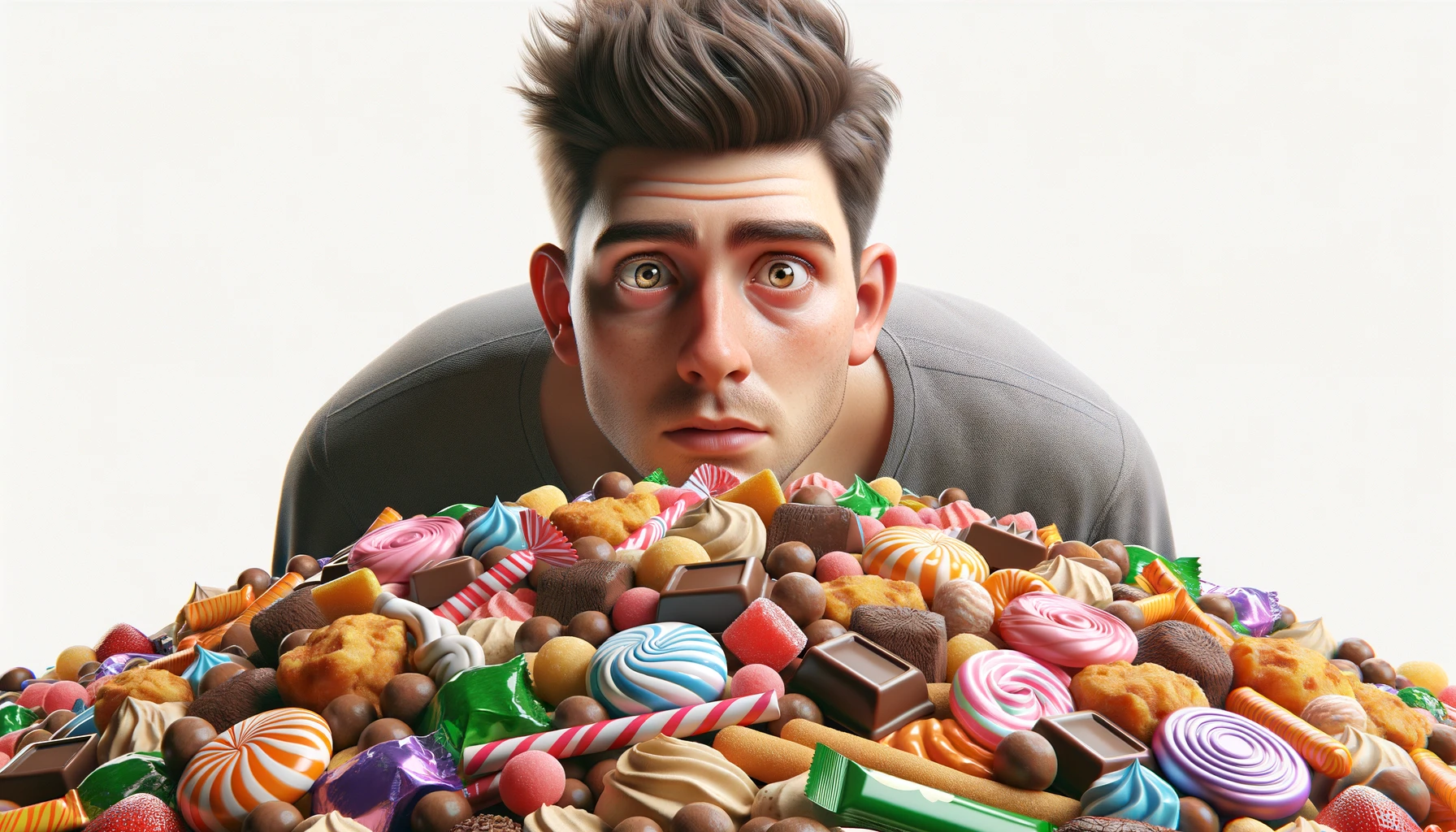 corpo umano anatomico con capelli corti che guarda una montagna di dolci e junk food davanti a lui con  gli occhi sbarrati e l'espressione nervosa perché li desidera, visto dall'alto, iperrealistica 4k, isolato su sfondo bianco emoji