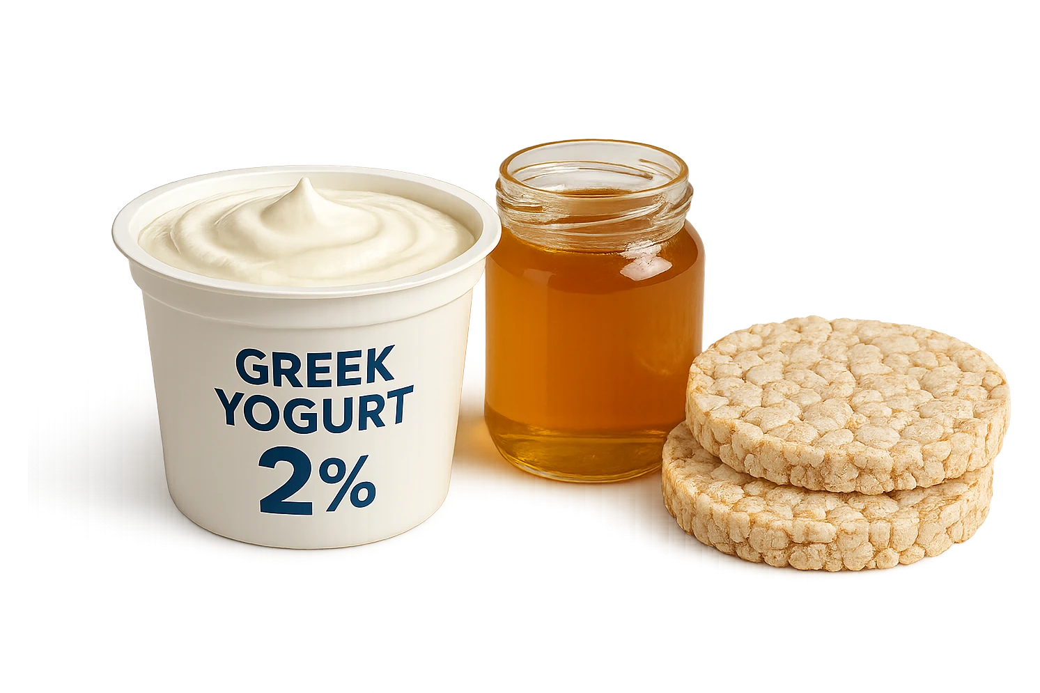 Yogurt Greco 2%
Miele (senza il cucchiaio di legno)
Gallette di Riso
vista frontale, iperrealistico 4k emoji
