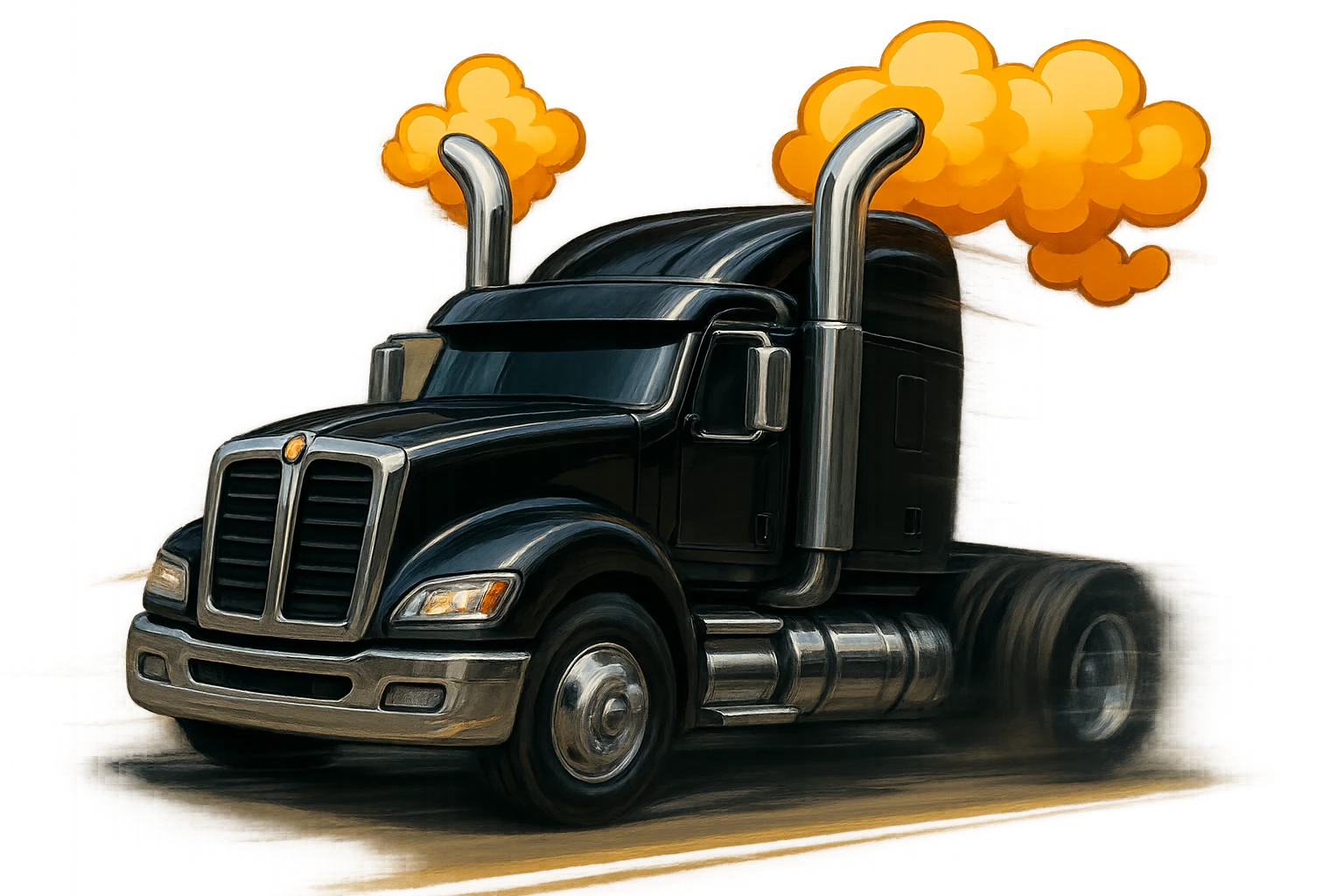 Show the black Kenworth W680 cartoon truck with bold chrome stacks and smoke, moving at high speed with dramatic motion blur, spinning wheels, and a sense of action. Fun proportions, transparent background. emoji