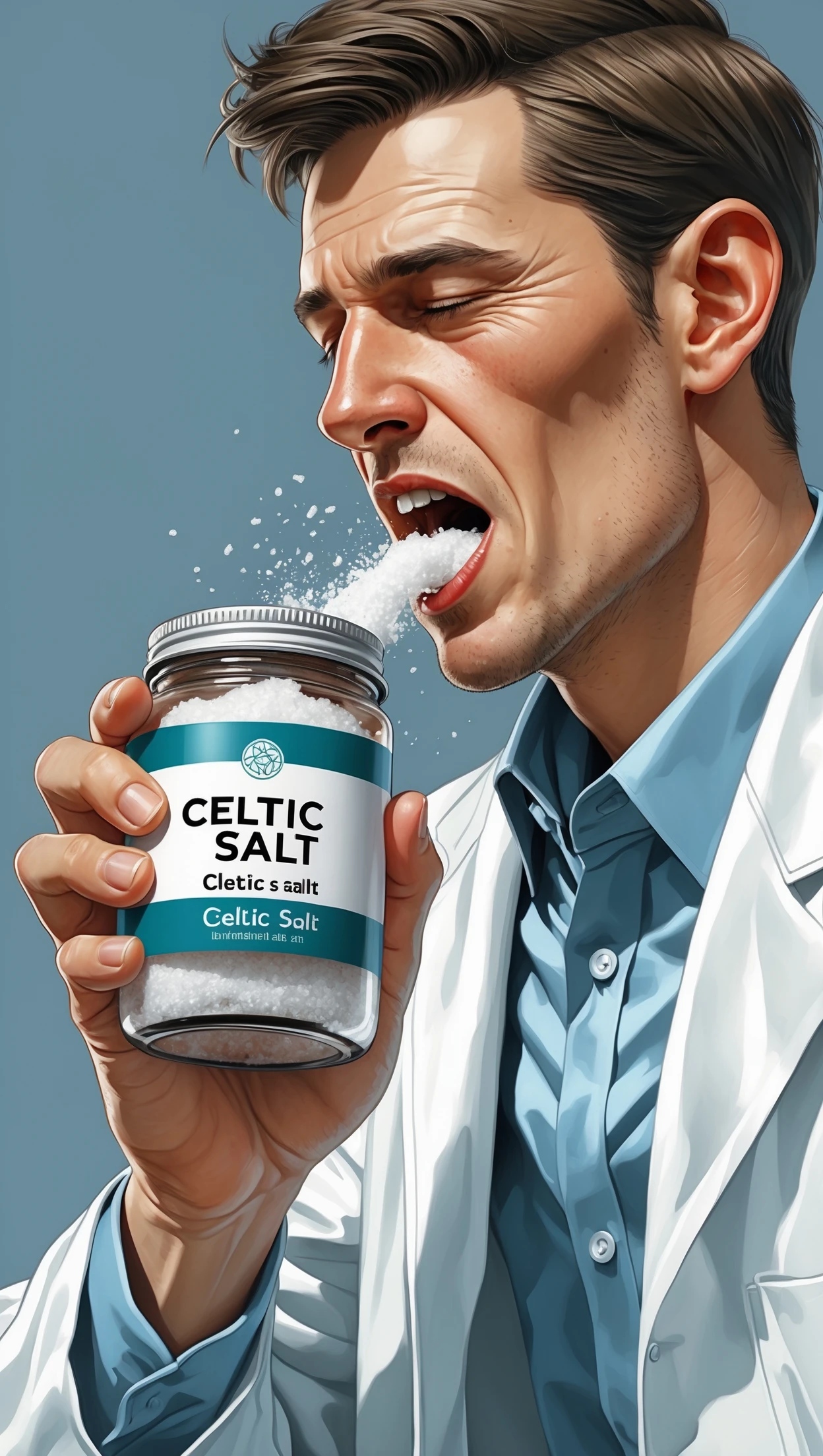 A MEDICAL ILLUSTRATION OF A REALISTIC human body holding a jar with "CELTIC SALT" written on the label, he throws it in his mouth DURING BREAKFAST emoji