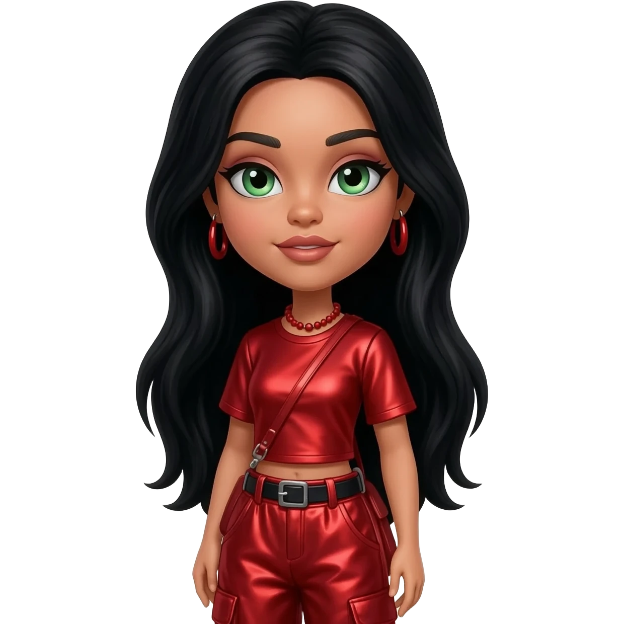 Jade from Bratz with light skin, green eyes, long black hair, red metallic shirt, red metallic baggy pants, red necklace and earrings emoji