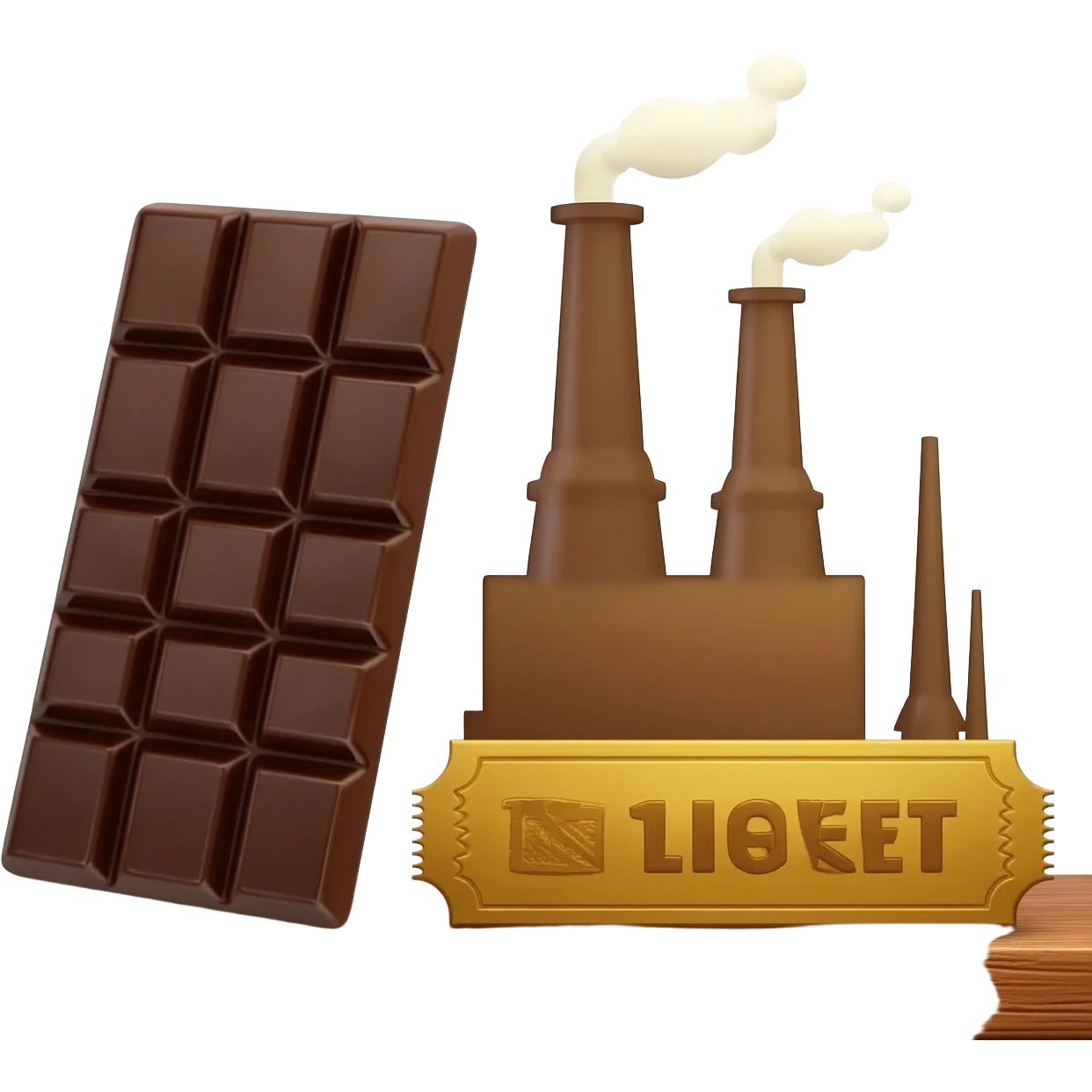 chocolate bar next to a factory next to a golden ticket emoji