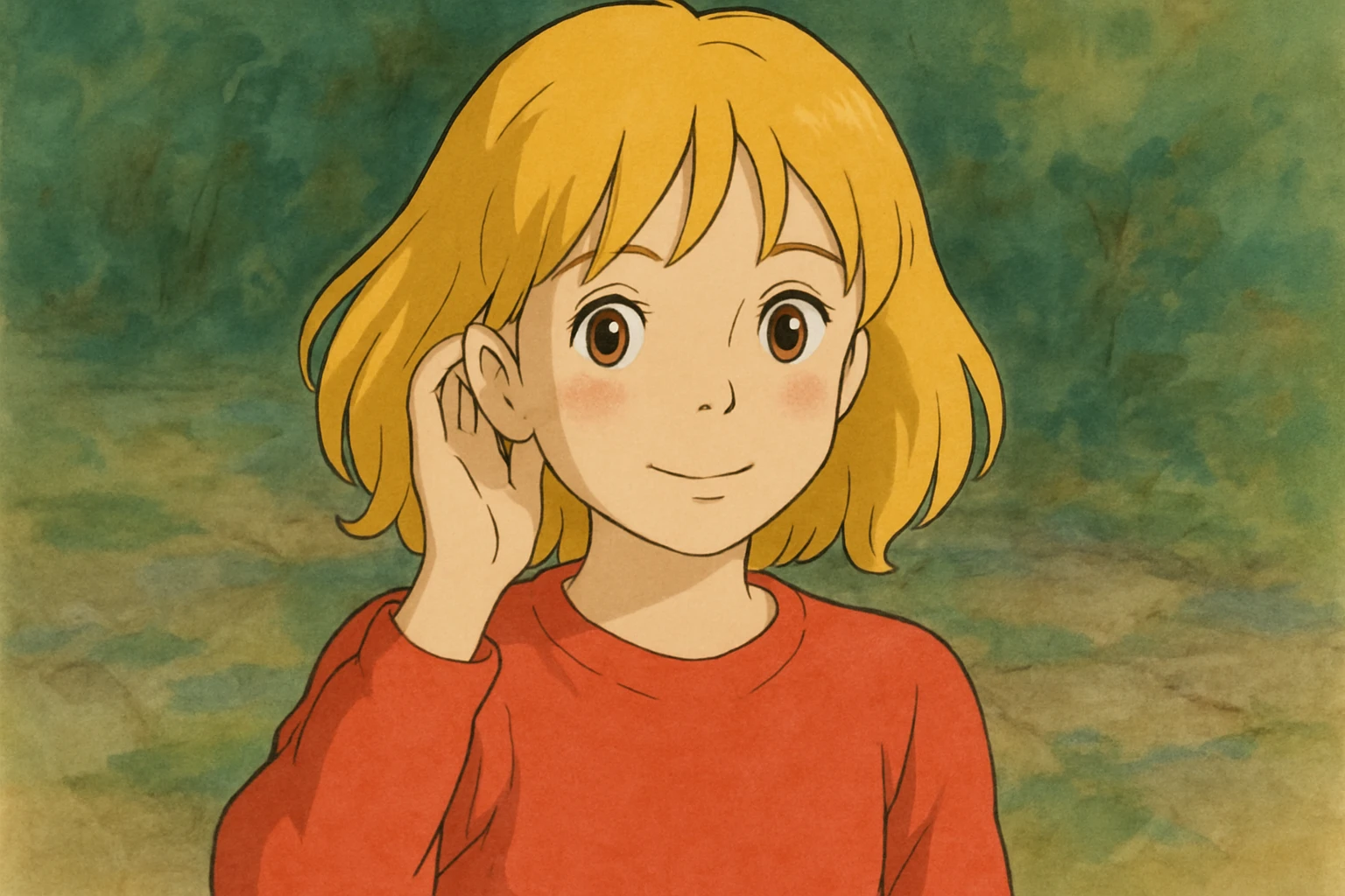 A girl yellow hair brown eyes red Just Cool Women's Long Sleeve Cool T-Shirt touching  to the ear emoji