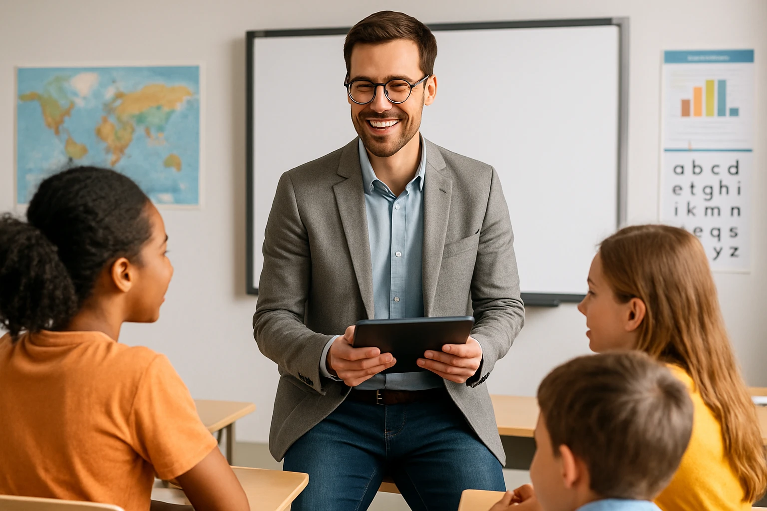 A modern teacher character, using a tablet, casual but smart attire, engaging with students. emoji