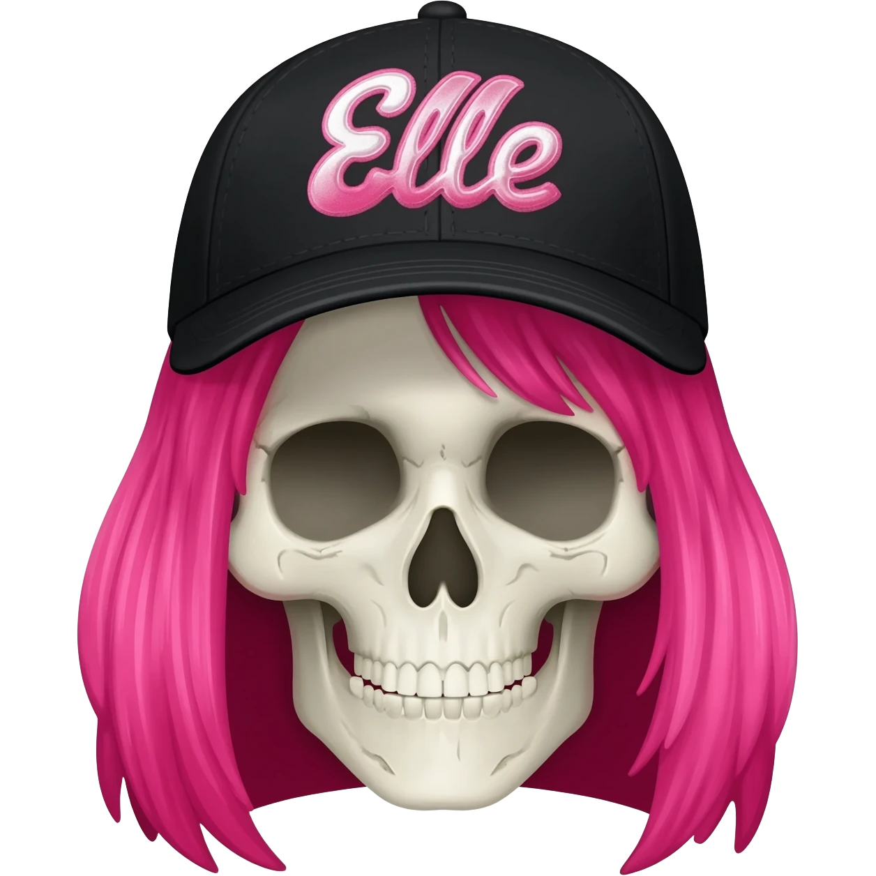A skullhead thats wearing a black baseball cap with the words "Elle" in pink and white with long pink hair emoji