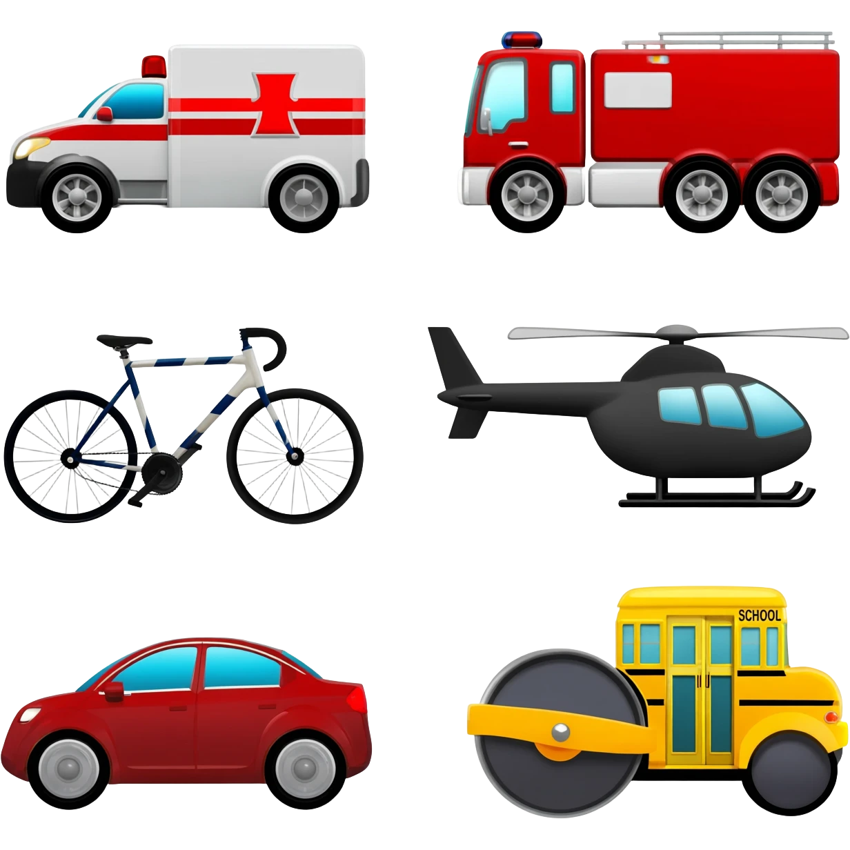 🚂 Train  🚑 Ambulance  🚒 Fire Truck  🚲 Bicycle  🚓 Police Car  🚁 Helicopter  🚌 School Bus  🚗 Car  🛵 Scooter  🚜 Road Roller icons  banavi dee emoji