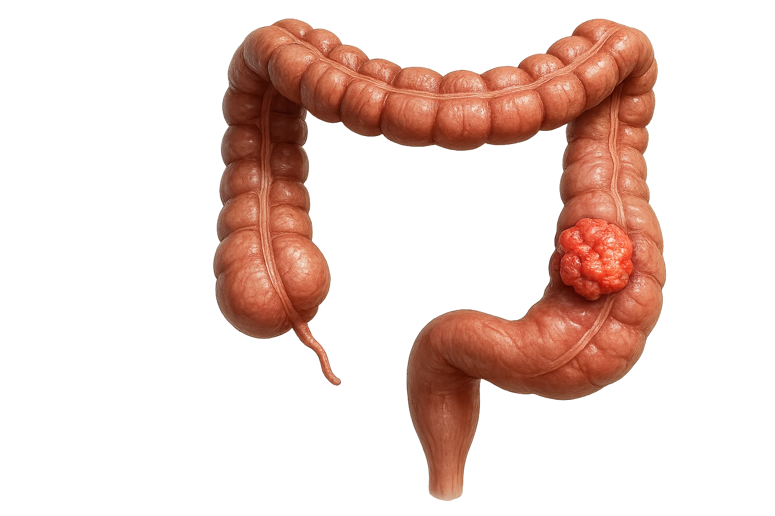 colon umano anatomico realistico malato di cancro, fai un punto visibile in cui si nota proprio la massa tumorale,+ iperrealistico 4k emoji