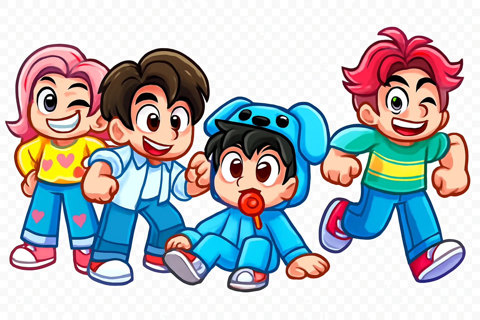 Extract every character from the background, including the clothes and accessories they are wearing, and place on a transparent background. Keep the original style and appearance exactly the same. and separately give me the picture

 emoji