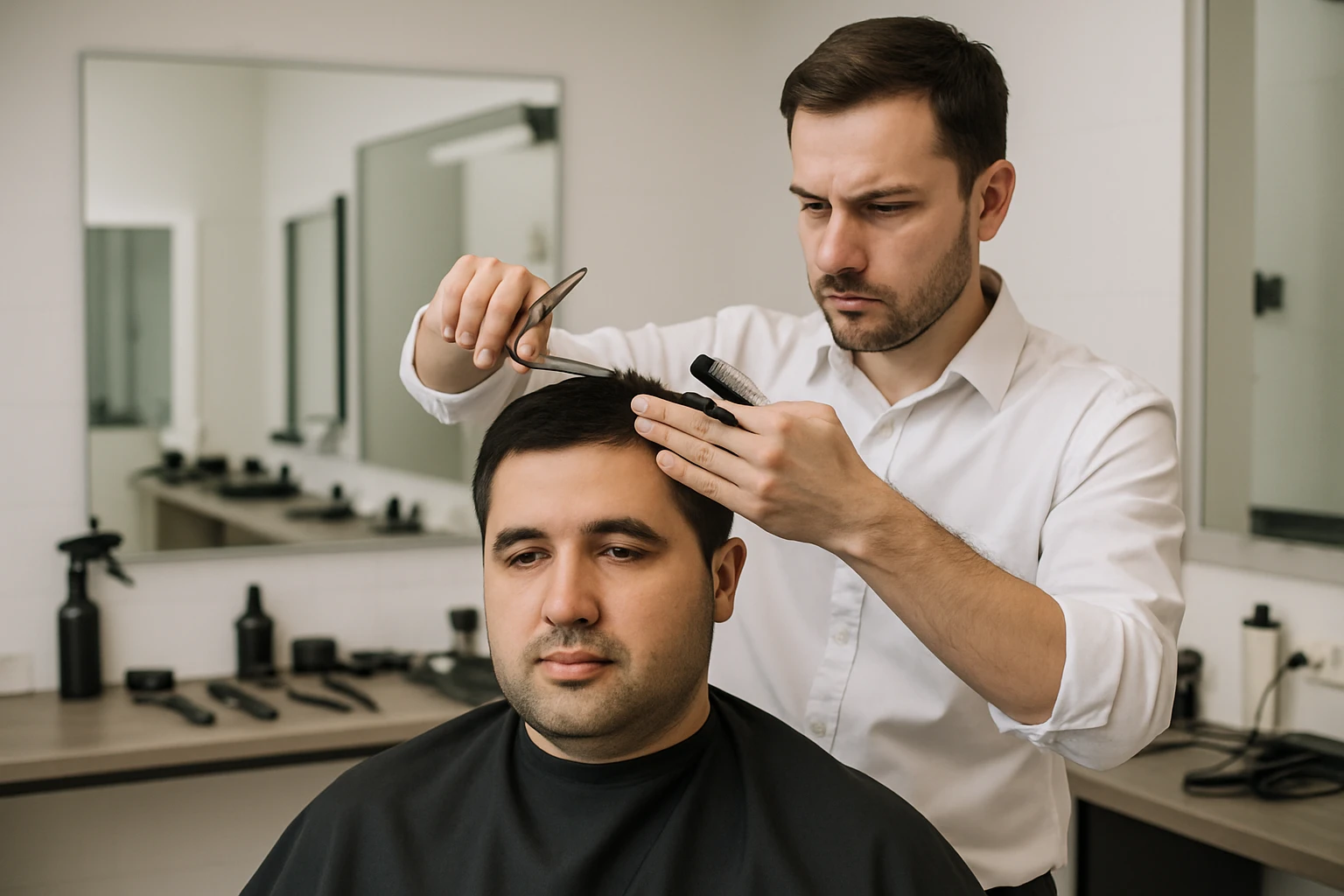 sartaroshxonada mijozlarni sochini olayotganin  tasvirlab ber juda yosh ham katta ham bo'lmasin semiz ham bo'lib ketmasin o'smirin davrini yuzi ko'rinmasin emoji
