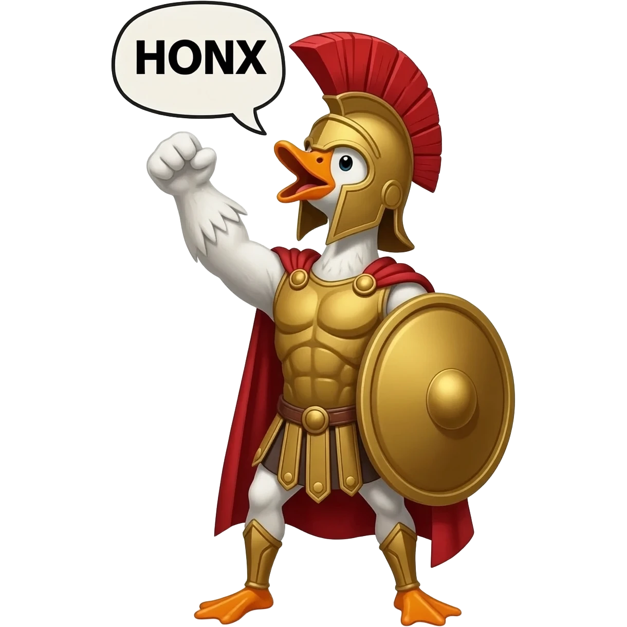 Make the warrior goose. A spartan warrior shouting "HONX". Put "honx" in a speeech bubble emoji