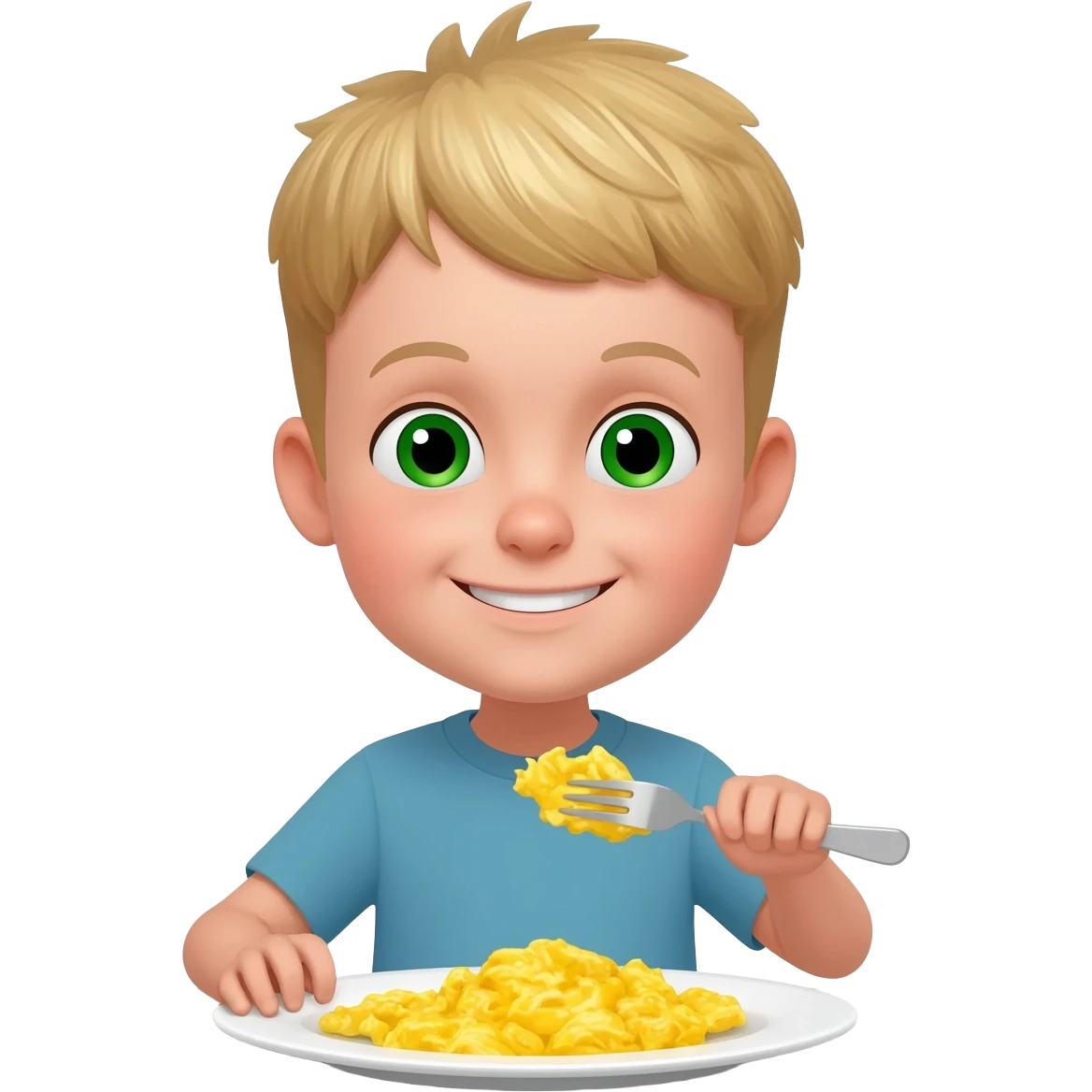 Use the same 3 year old blonde boy with green-blueish as before eyes happy eating scrambled eggs on a plate for breakfast emoji