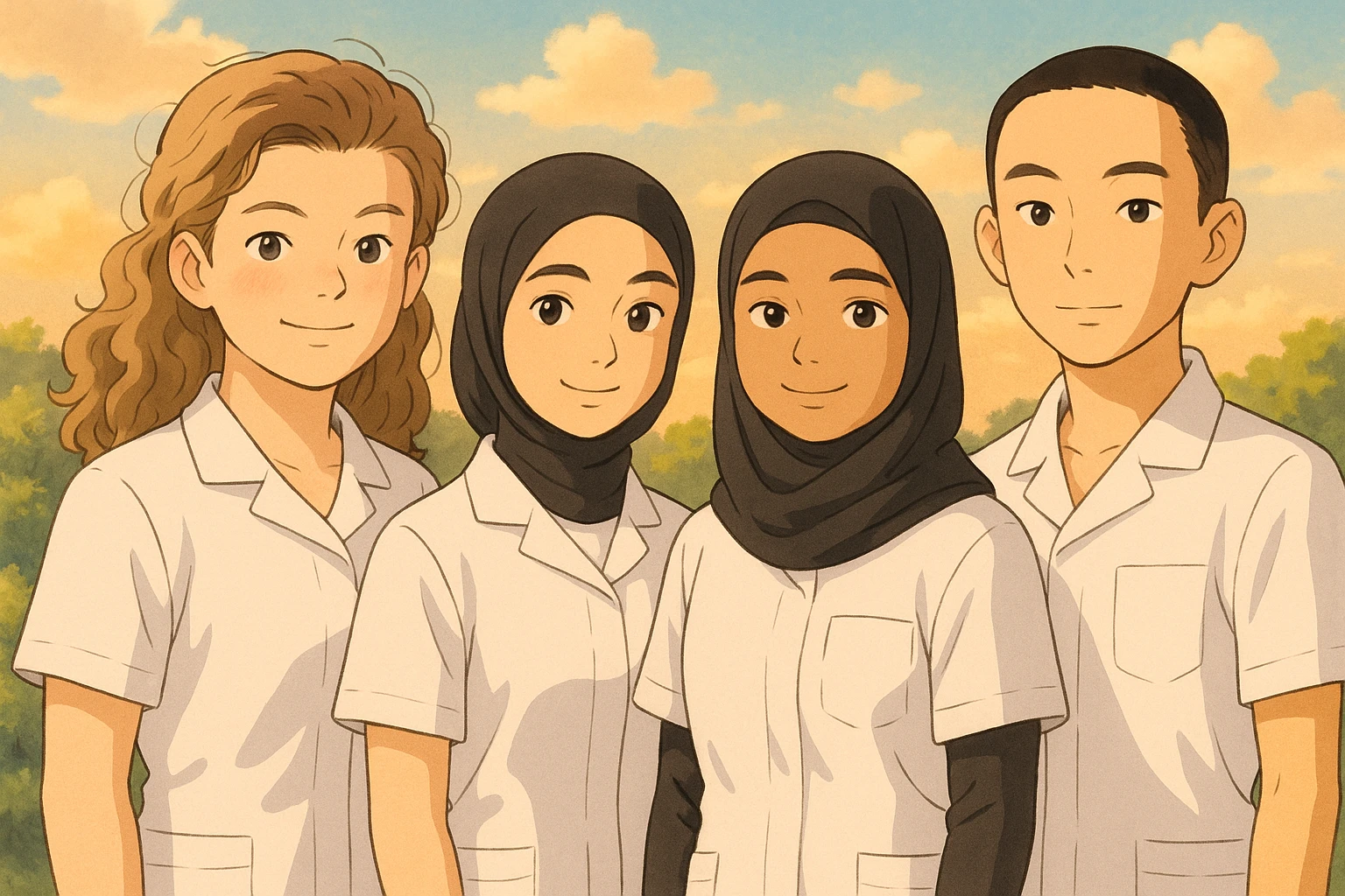 Illustrate four nursing students standing side by side in a warm atmosphere, wearing complete white short-sleeved uniforms with exposed arms, no stethoscopes, and not touching each other, in Ghibli style. emoji