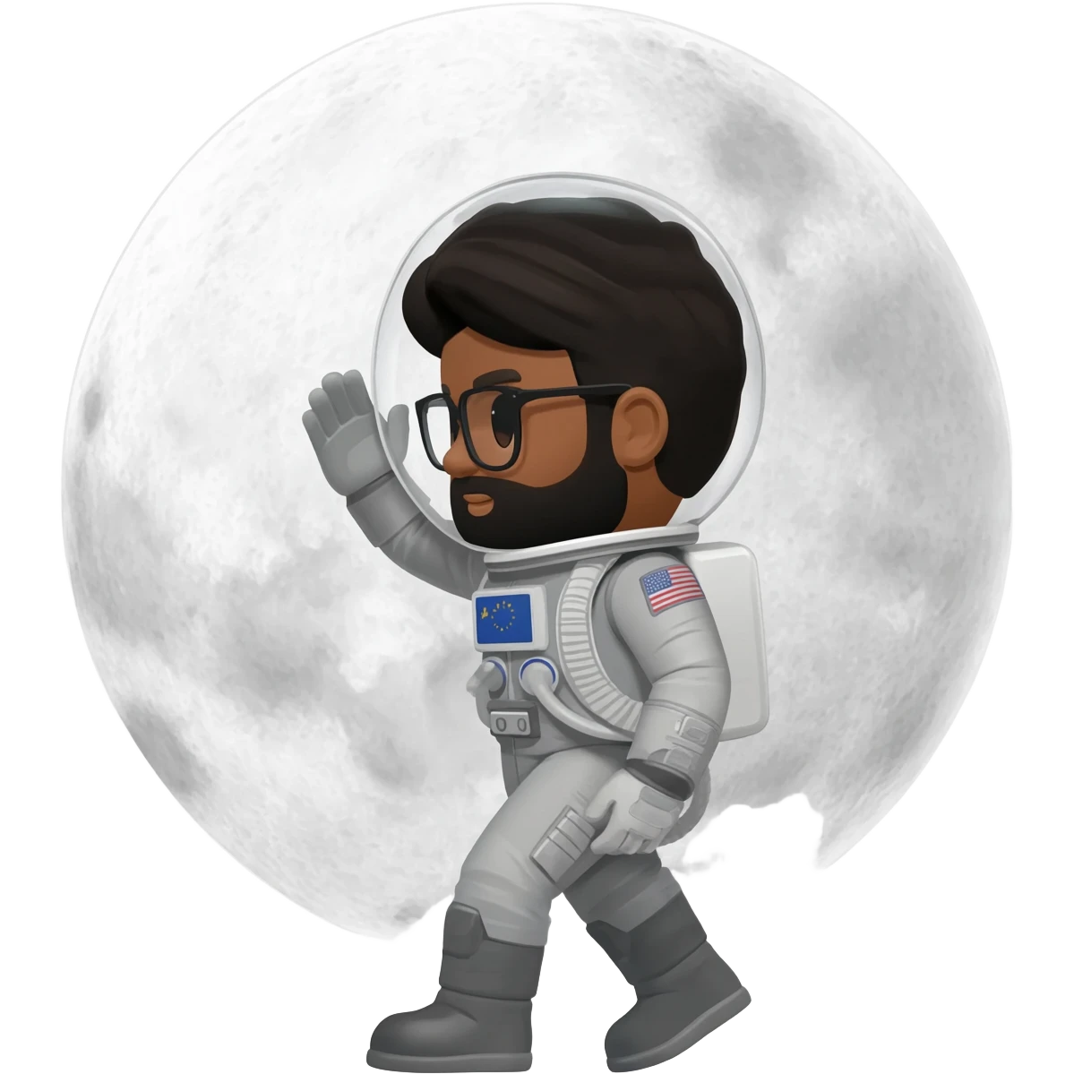 astronaut salute moon on back with helmet walking space brown skin, black eyes, glasses and beard  black hair show body emoji