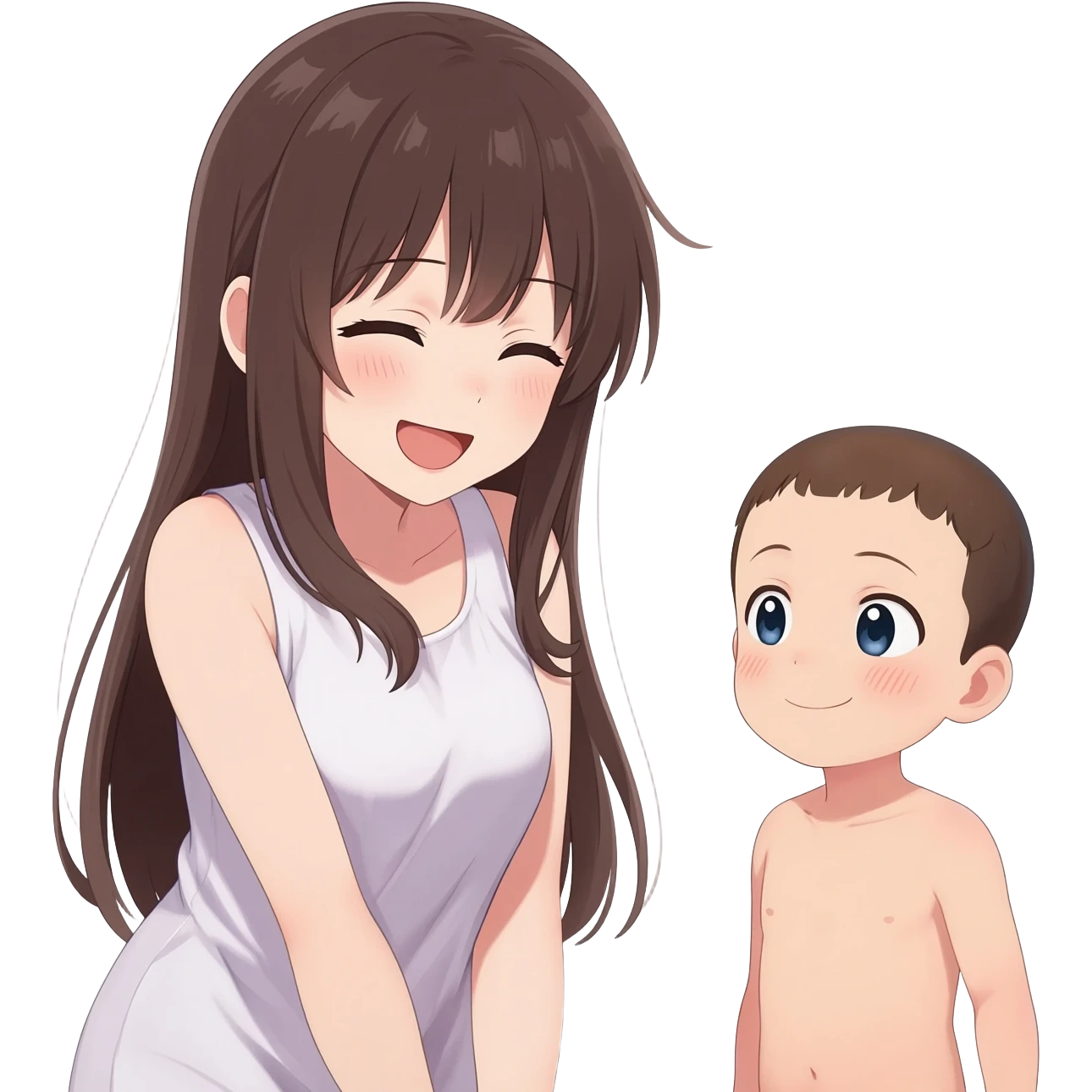 Anime girl long hair giggling sees completely nude naked  little boy emoji