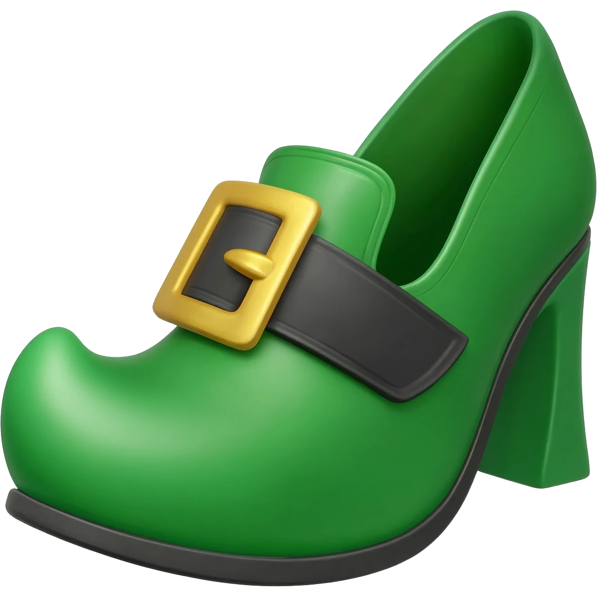 A traditional green leprechaun shoe, featuring a prominent curved toe (elf-style) and a thick black strap with a large shiny gold buckle. 3D rendered emoji style, realistic leather texture, vibrant green color, high gloss finish, isolated on a pure white background. Clear, soft lighting. emoji