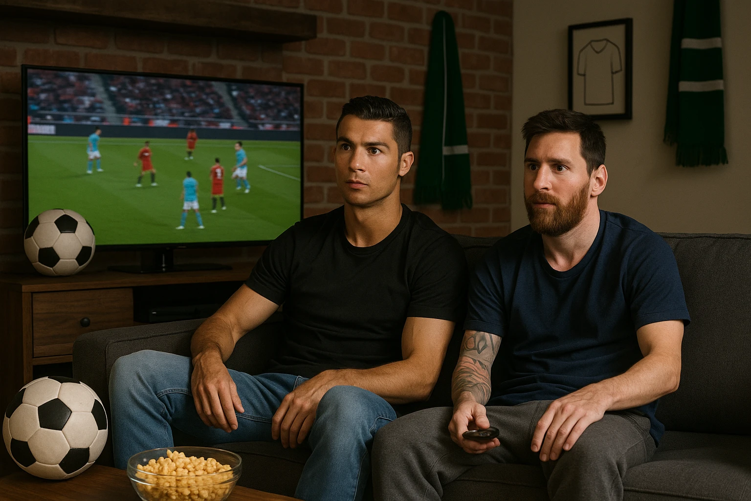 Ronaldo and Messi sitting on a couch watching TV, with a football match playing in the background emoji