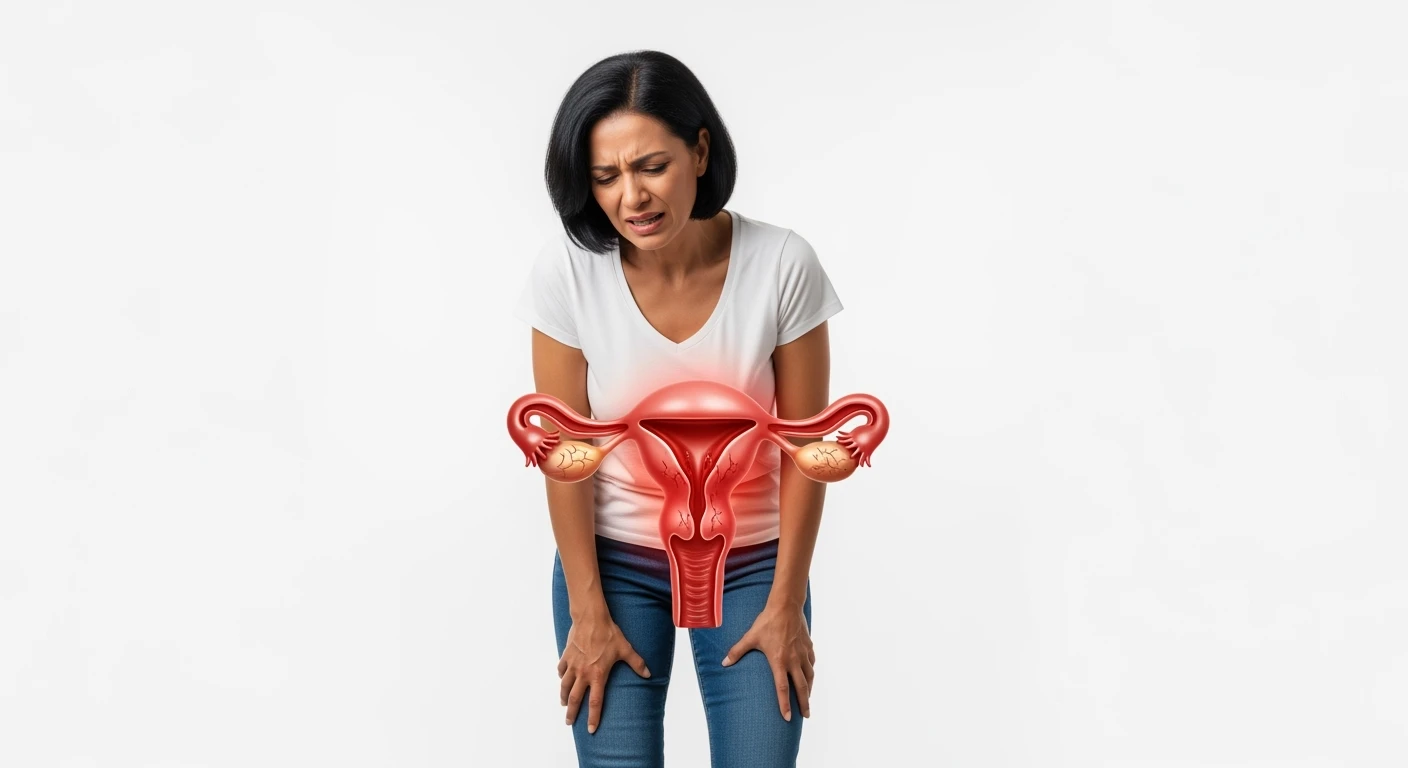 donna a figura intera con utero umano realistico in 3d in evidenza dolorante, espressione di dolore in volto, sfondo bianco, non farla computerizzata, ma iperrealistica 4k, sfondo bianco emoji